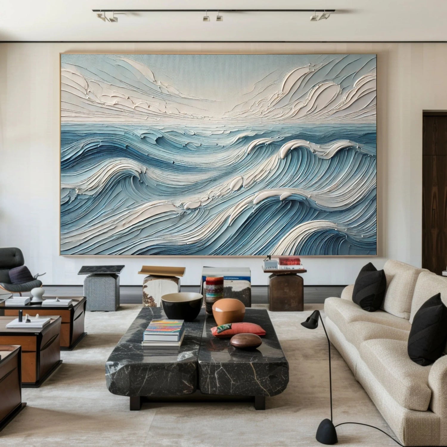 Wide Calm Ocean Wave Textured Abstract - Blue and White Minimalist Oil Painting #JJ 166