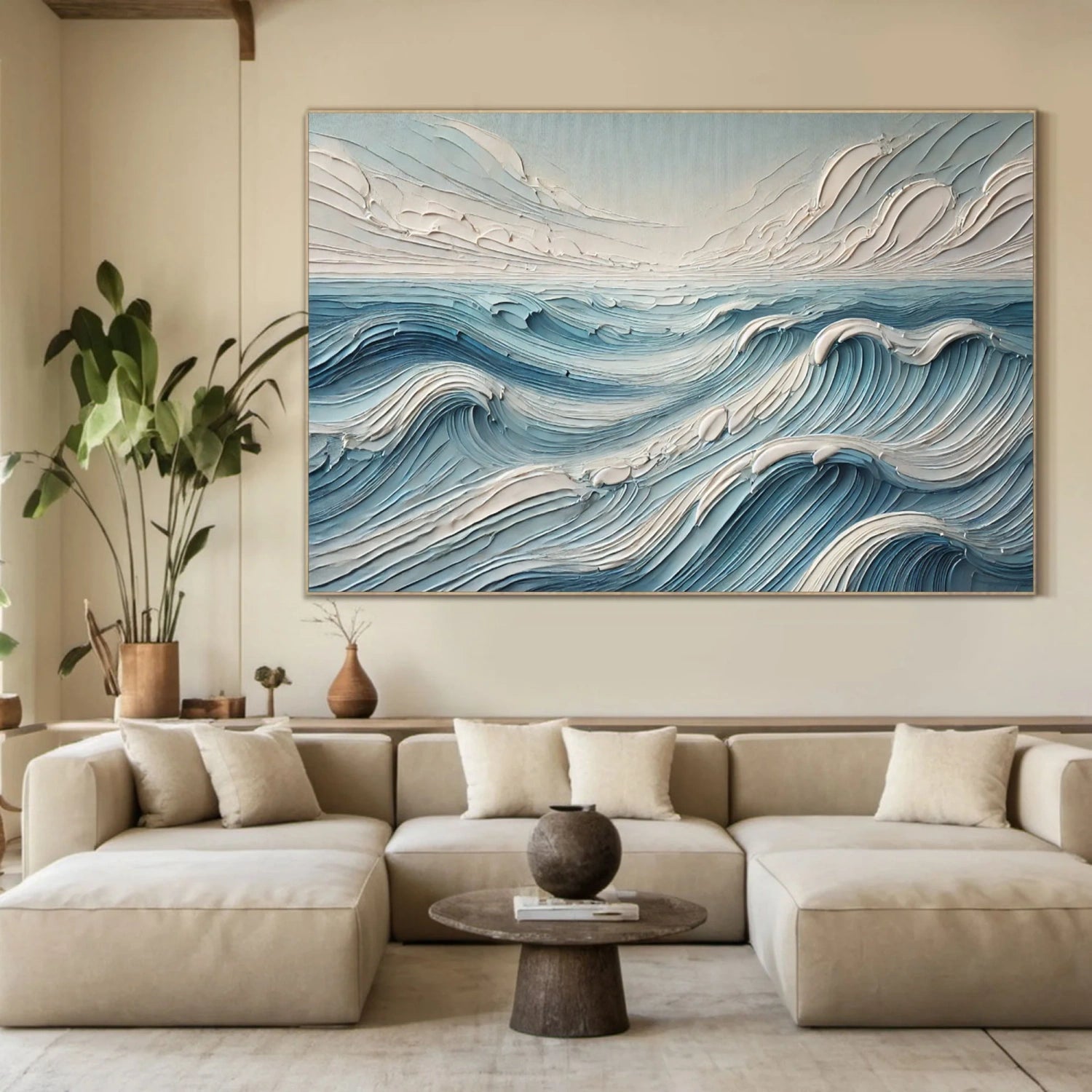 Wide Calm Ocean Wave Textured Abstract - Blue and White Minimalist Oil Painting #JJ 166
