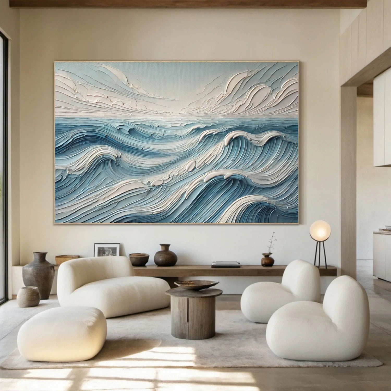 Wide Calm Ocean Wave Textured Abstract - Blue and White Minimalist Oil Painting #JJ 166