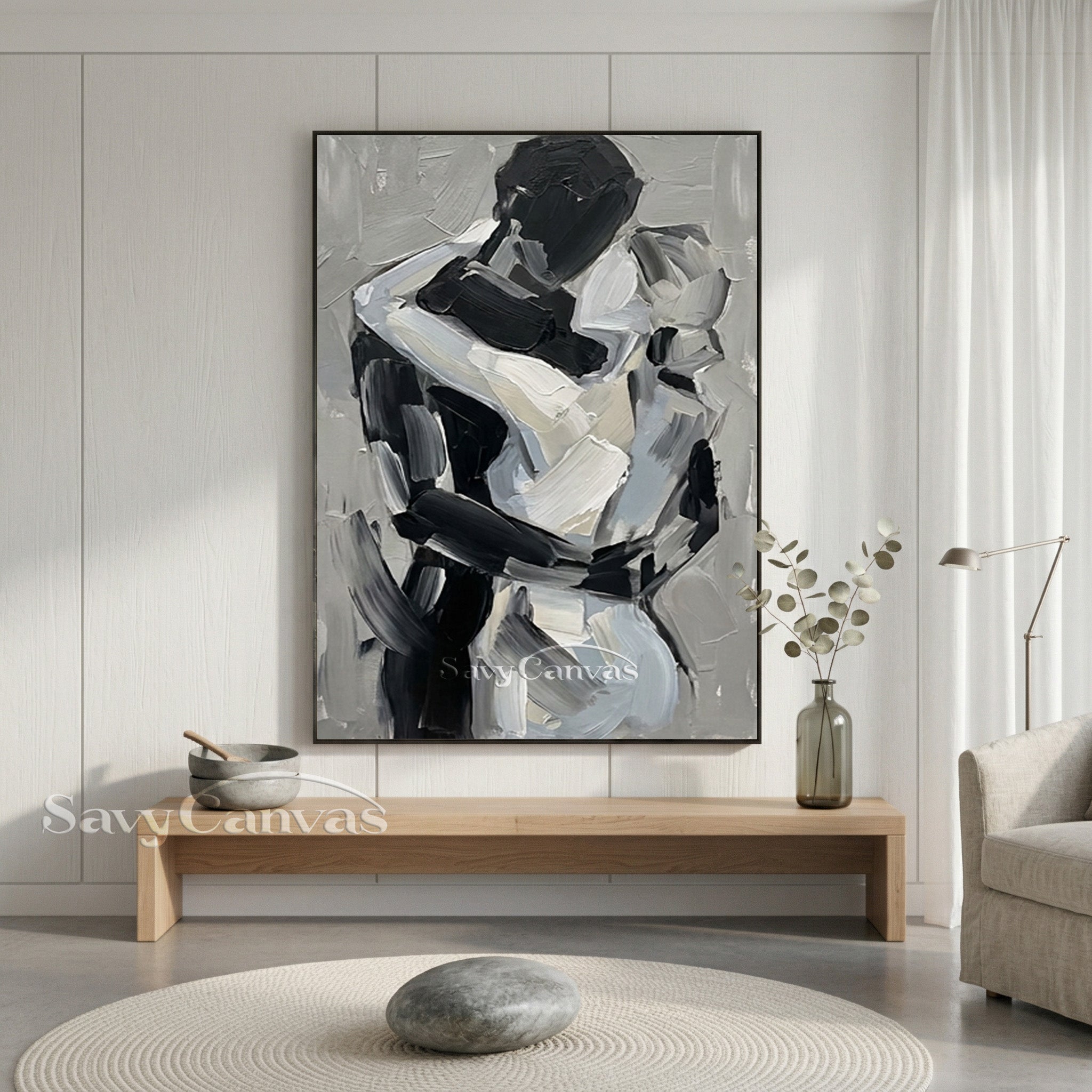 Minimalist Textured Palette Knife Art - Gray & Black Embrace Canvas #SS 157