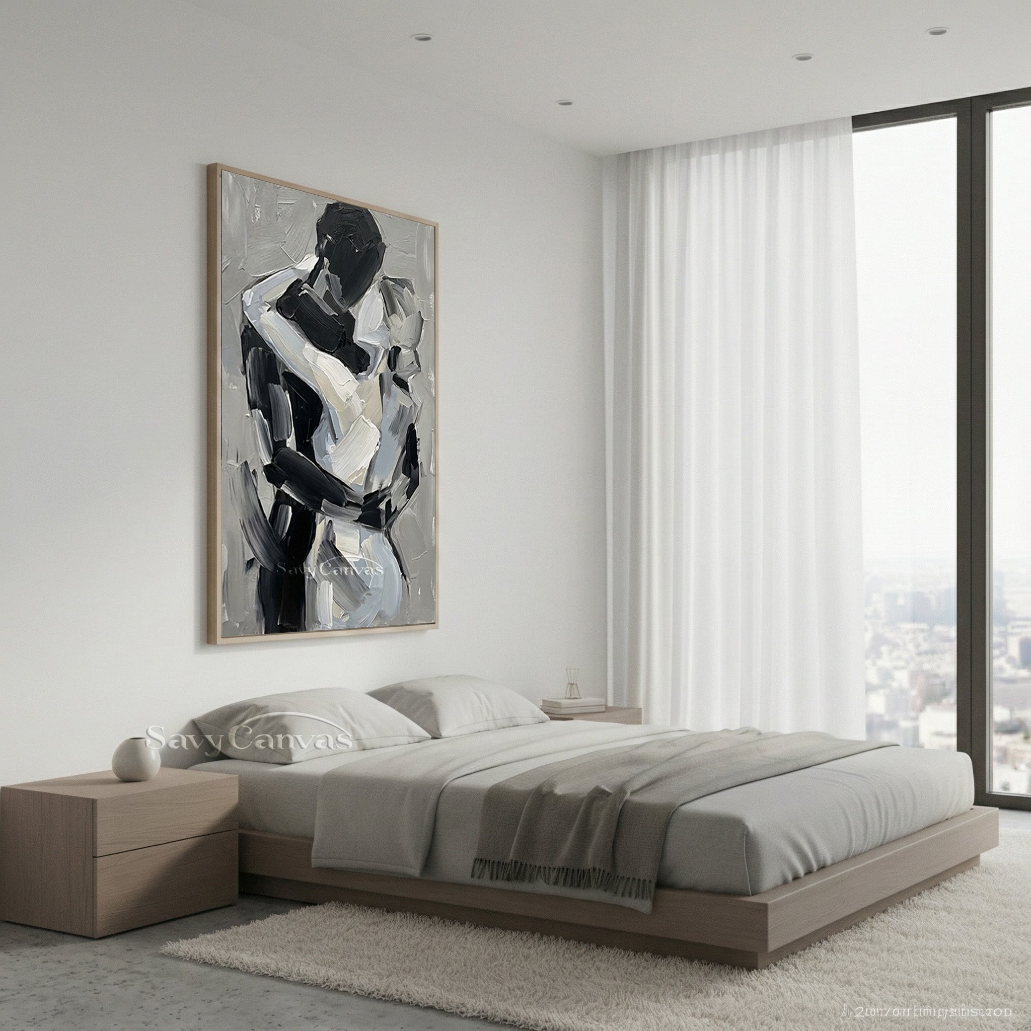 Minimalist Textured Palette Knife Art - Gray & Black Embrace Canvas #SS 157