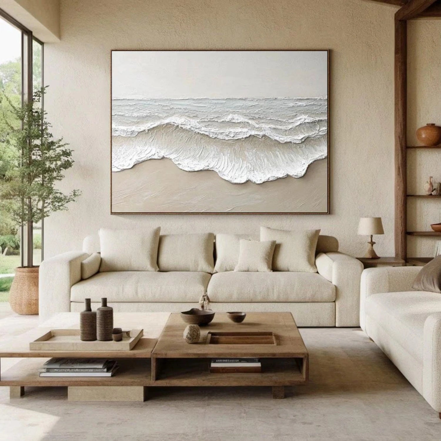 Large Textured Beach Wall Art | Neutral Abstract Ocean Wave Canvas #ZZ 081