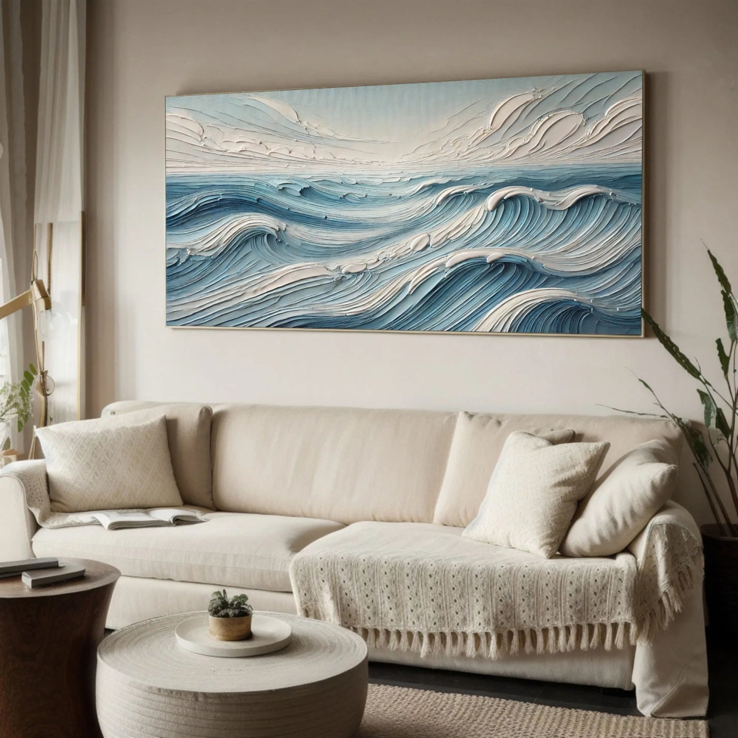 Wide Calm Ocean Wave Textured Abstract - Blue and White Minimalist Oil Painting #JJ 166
