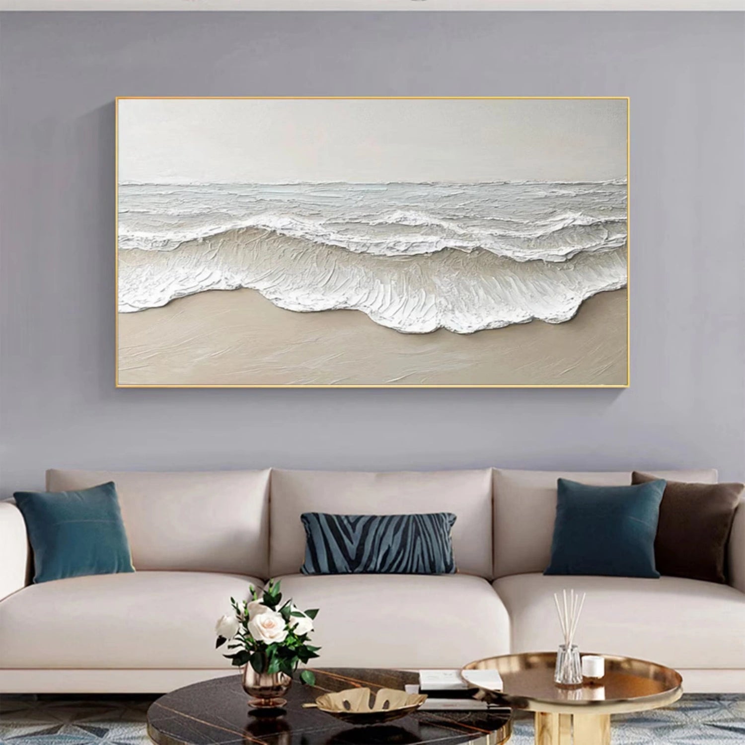 Oversized Neutral Wall Art | Horizontal Textured Wave Painting Decor