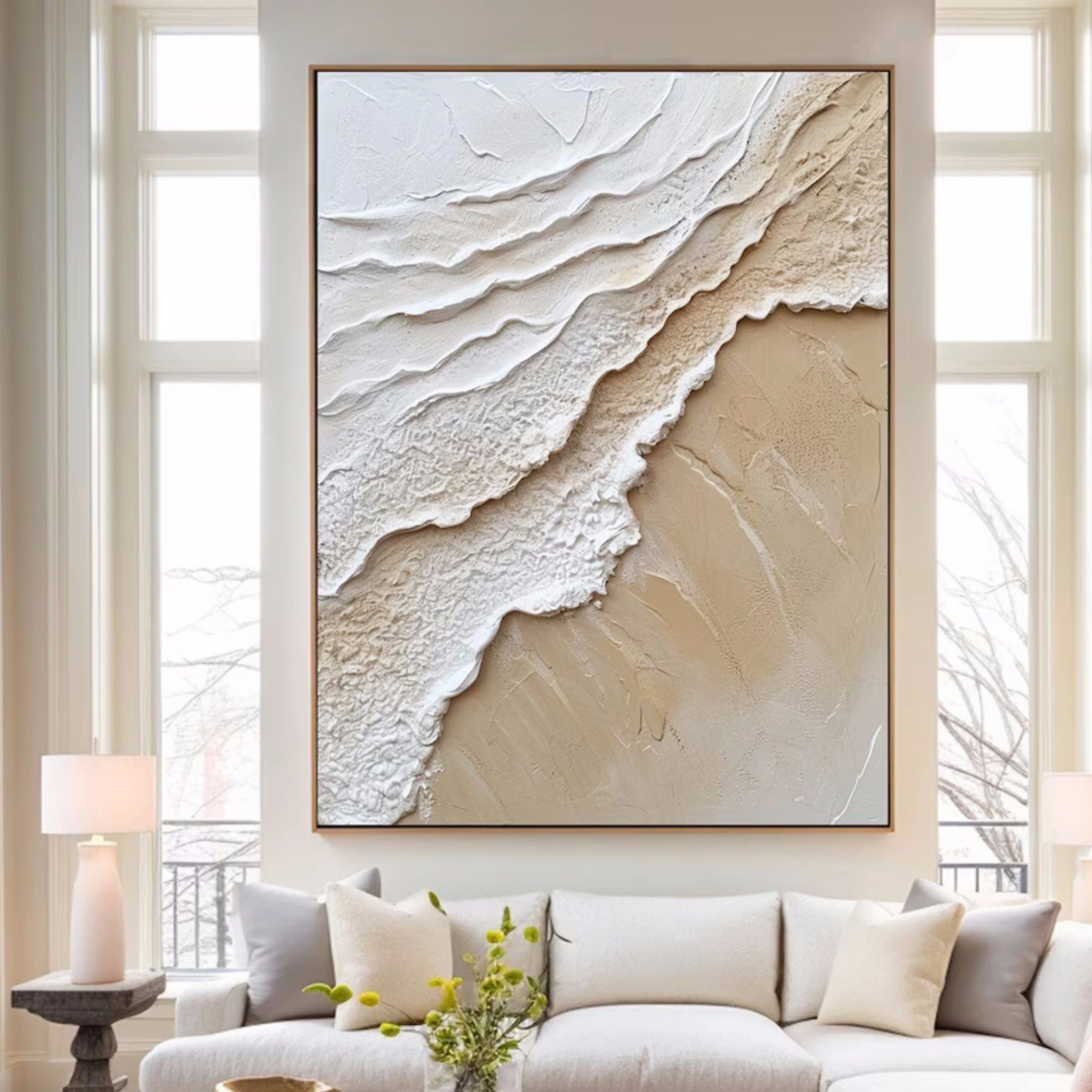 Plaster Texture Wall Art | Large Vertical Neutral Abstract Ocean Wave