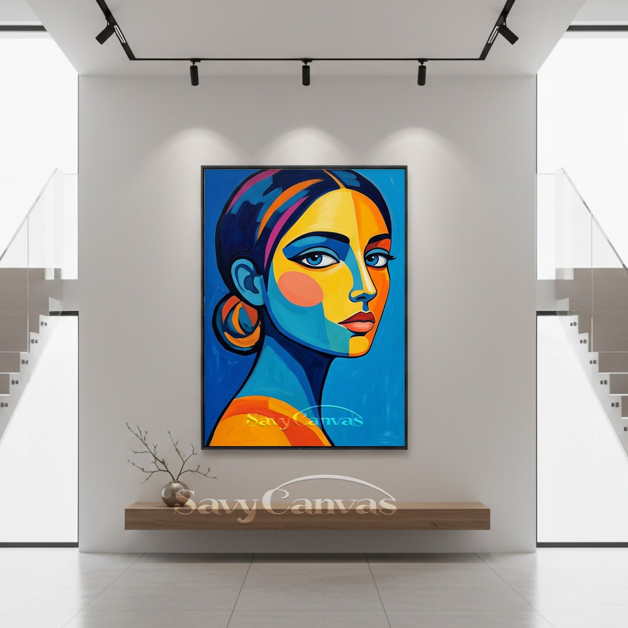 Modern Pop Art Woman Portrait Canvas | Bold Blue & Yellow Wall Art #SS 158
