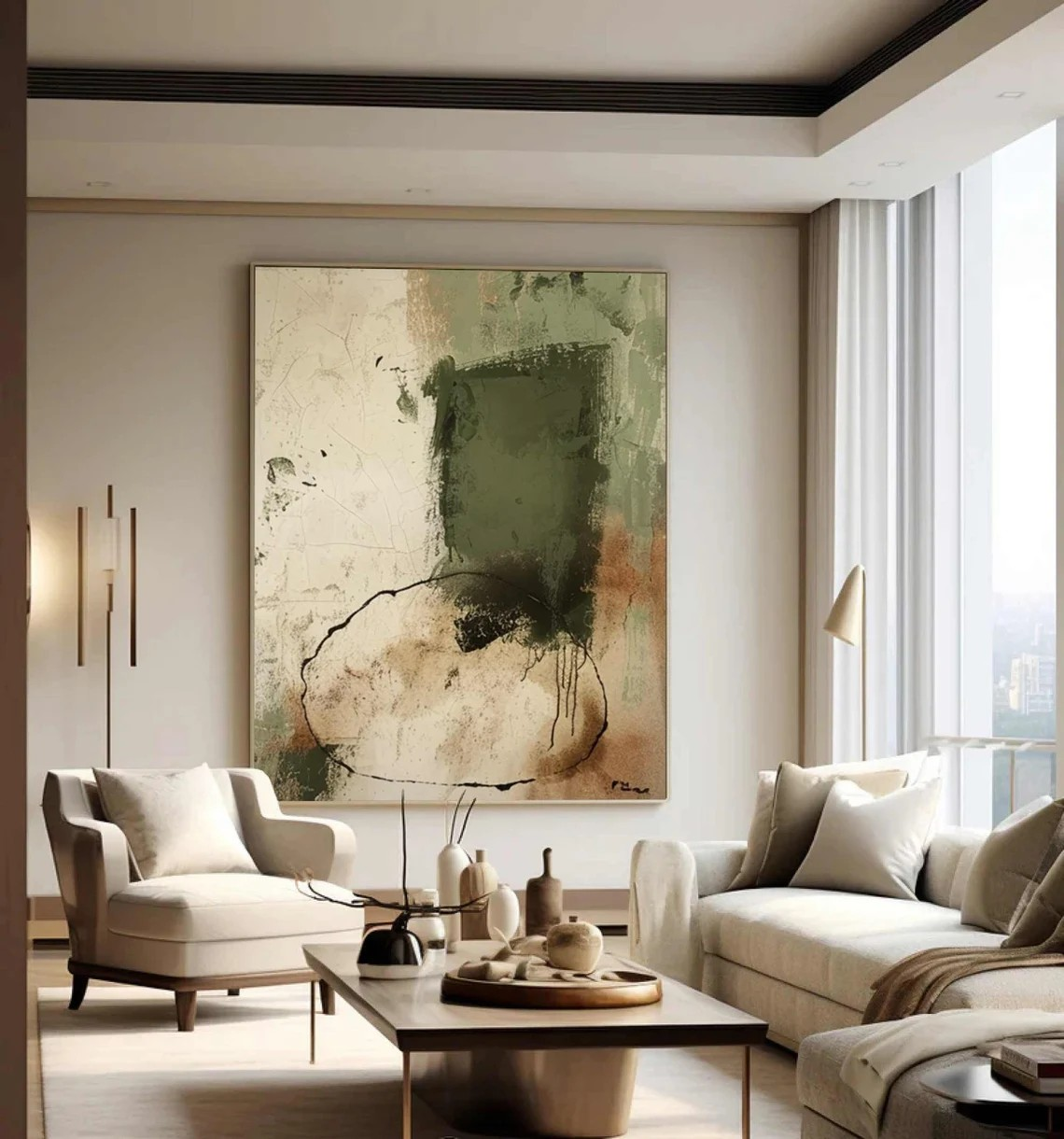 Minimalist Beige and Green Wabi Sabi Art for Contemporary Design #TC 021