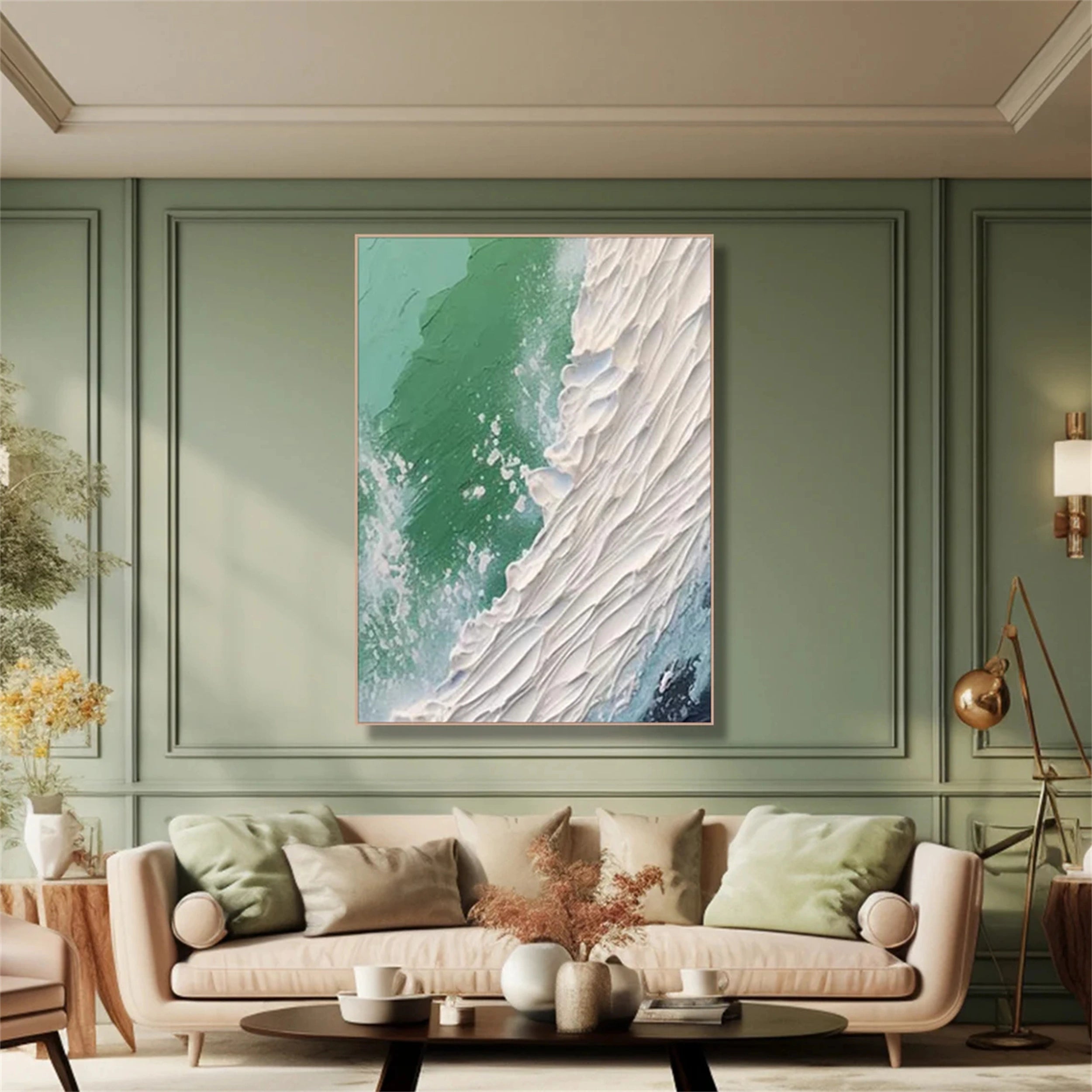 Green Ocean Movement Art – Hand-Textured Canvas