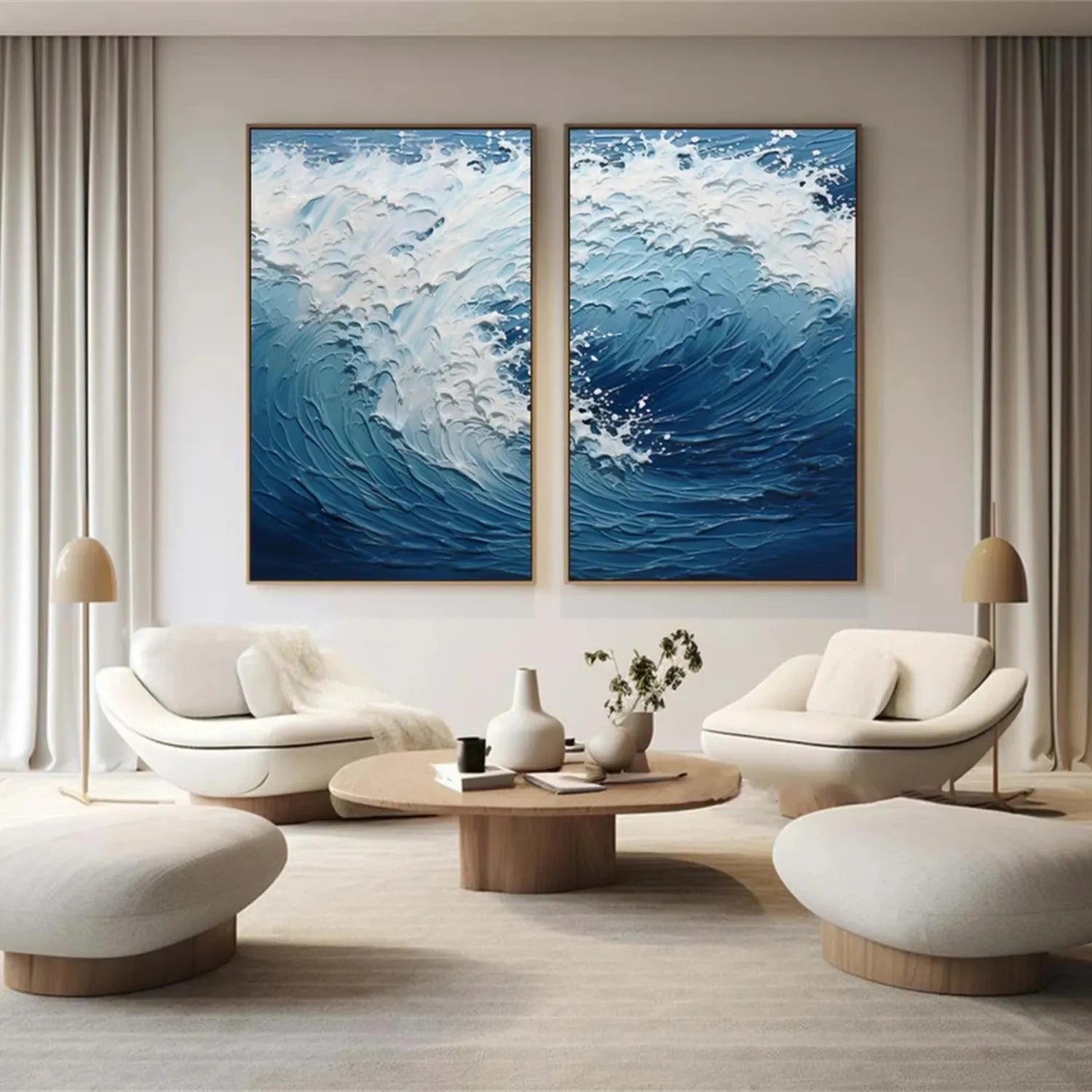 Textured Ocean Waves Canvas Art - Blue White Abstract  Wall Decor #JJ 218