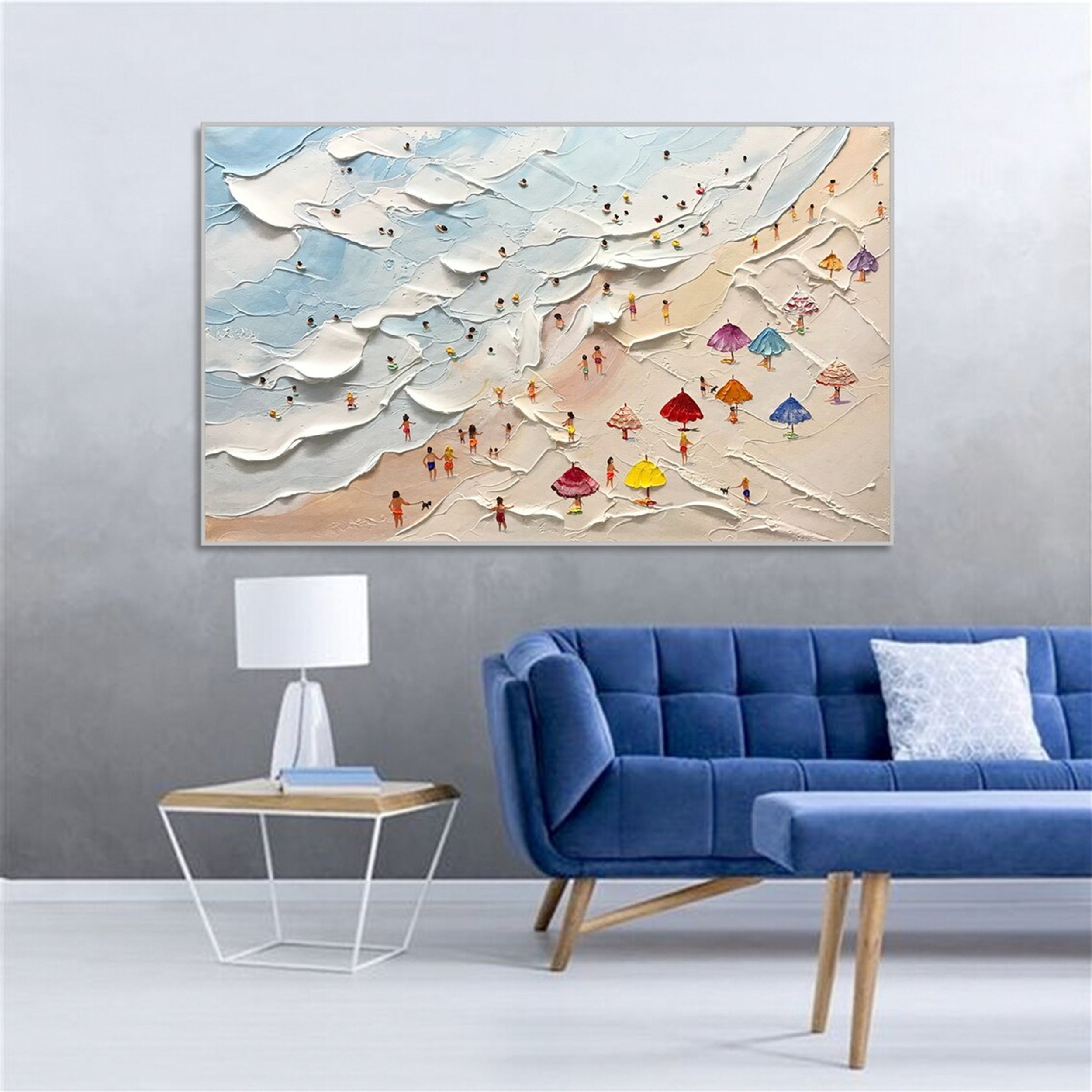 Large Abstract Textured Swimming Painting - Happy Coast Wall Art #JJ 243