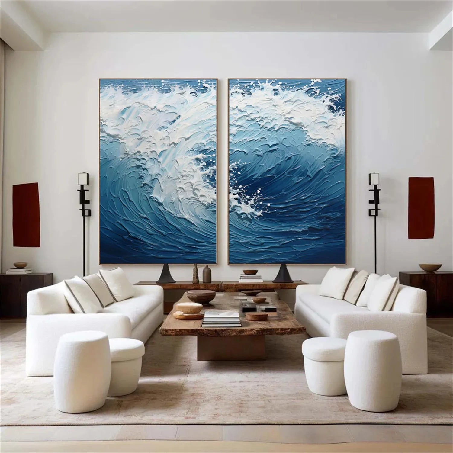 Textured Ocean Waves Canvas Art - Blue White Abstract  Wall Decor #JJ 218