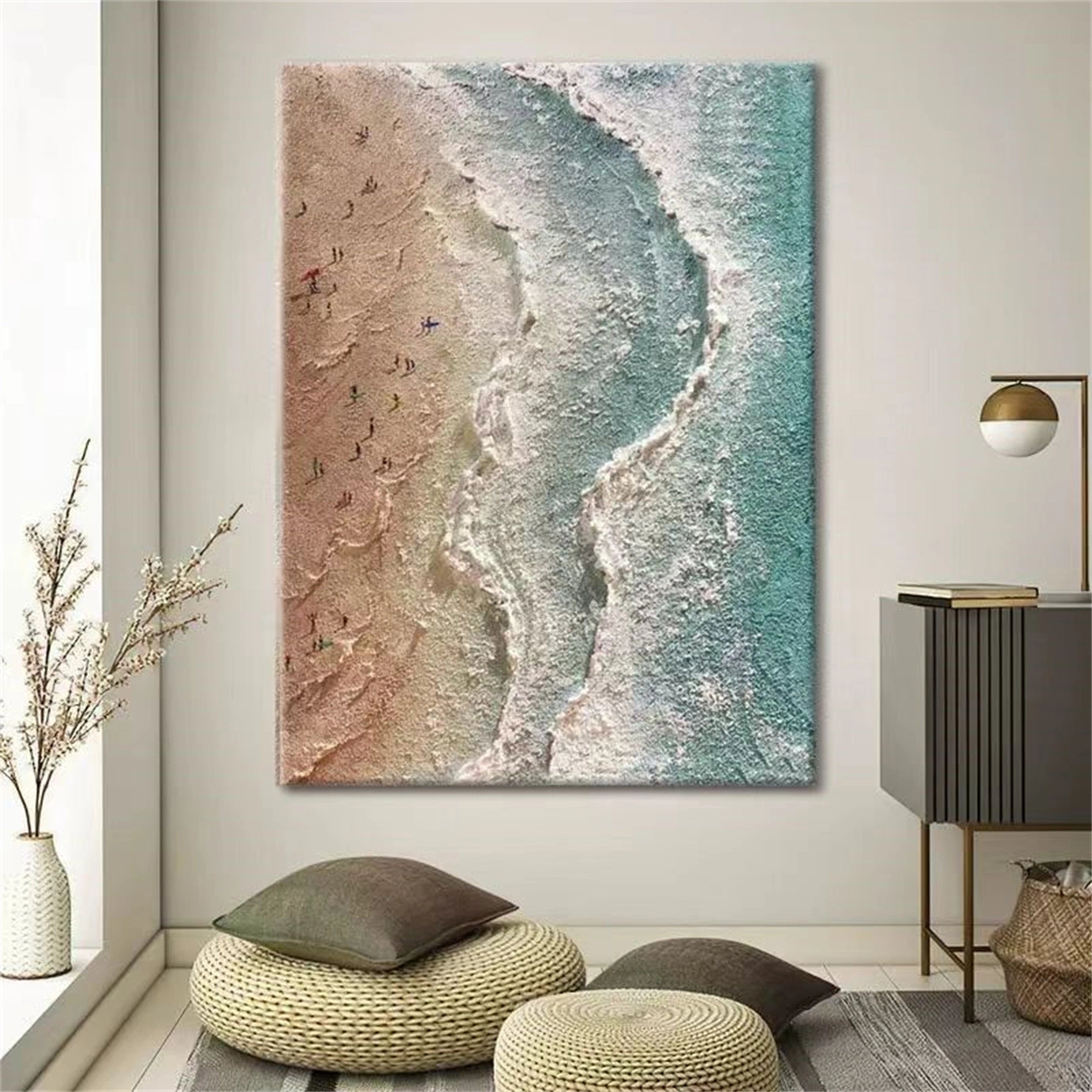 Large Textured Ocean Wall Art | Aerial Beach Scene Canvas Painting #ZZ