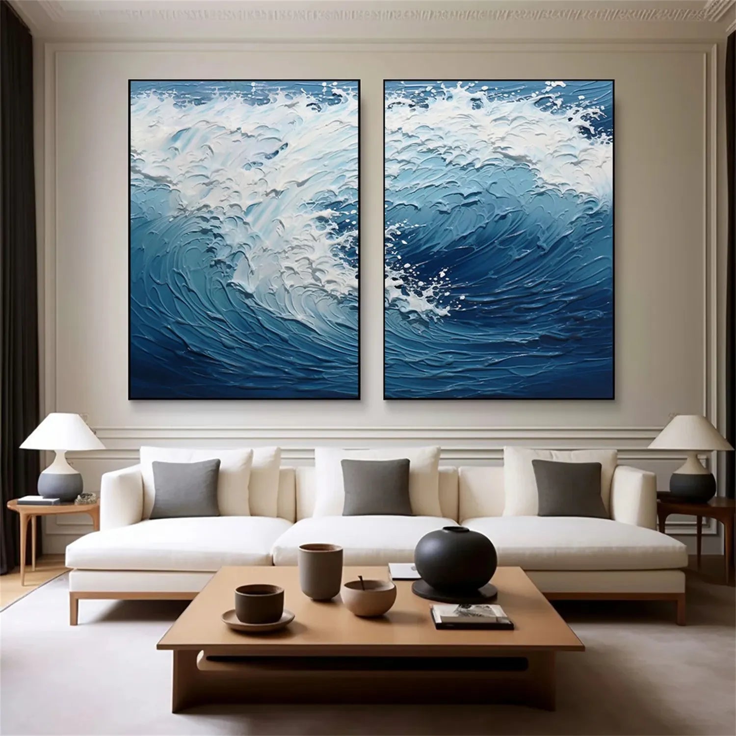 Textured Ocean Waves Canvas Art - Blue White Abstract  Wall Decor #JJ 218
