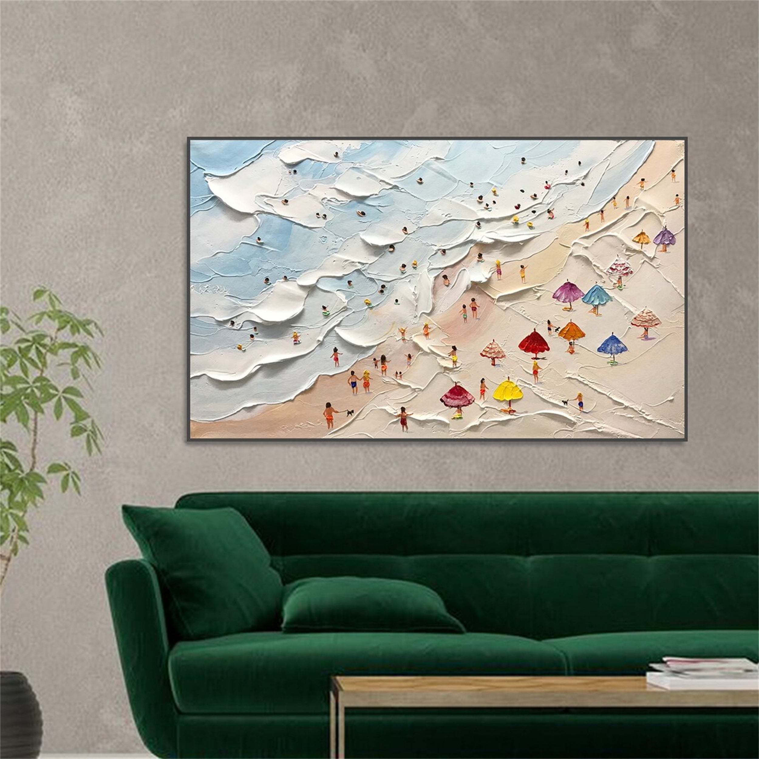 Bright Summer Beach Art – Textured Surf & Umbrellas