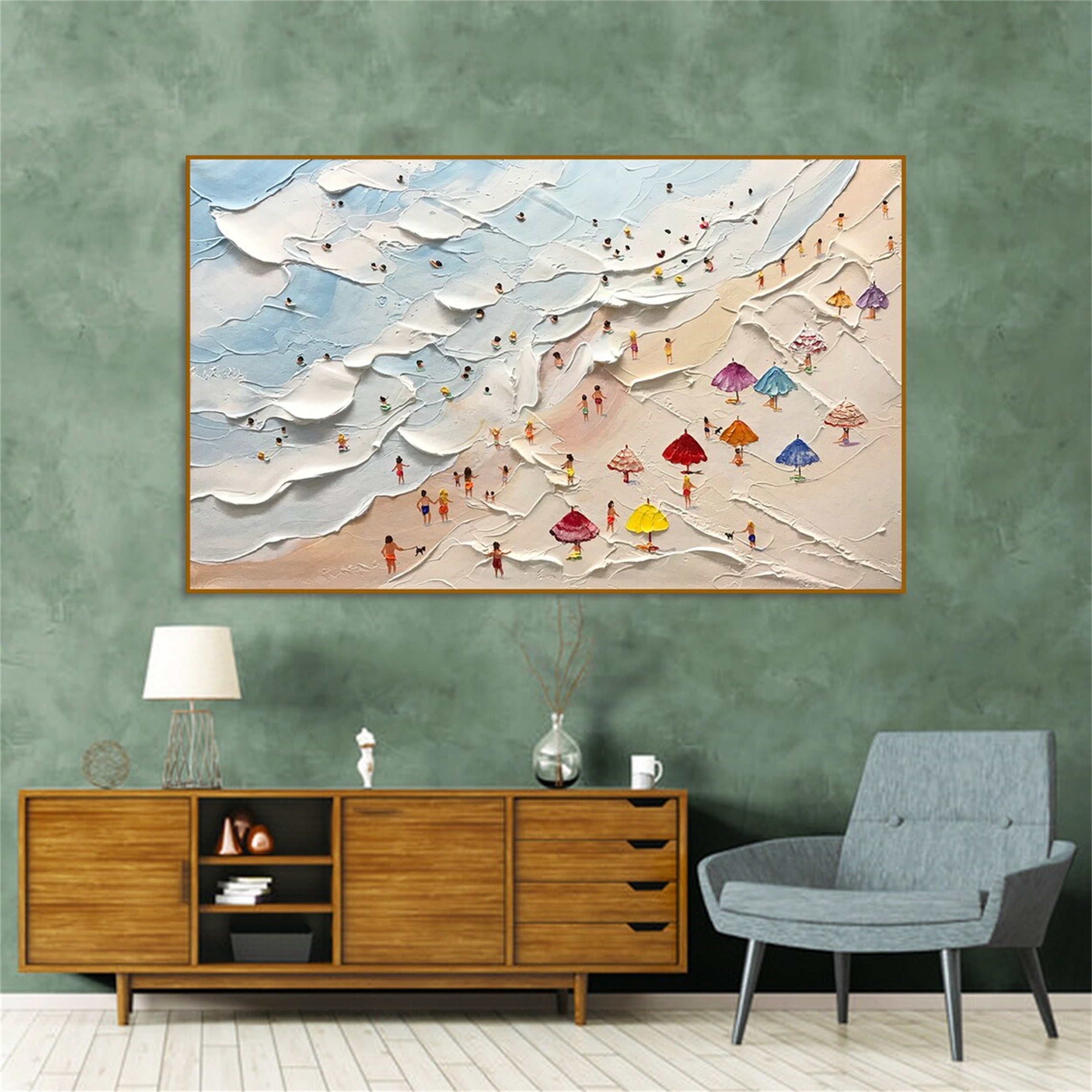 Large Abstract Textured Swimming Painting - Happy Coast Wall Art #JJ 243