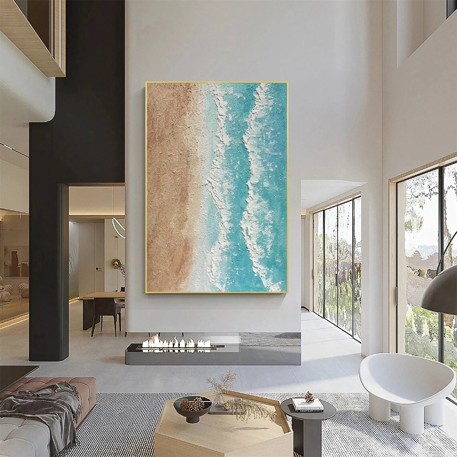Calm Coastal Sand and Sea Textured Abstract - Beige Blue Minimalist Oil Painting # JJ 141