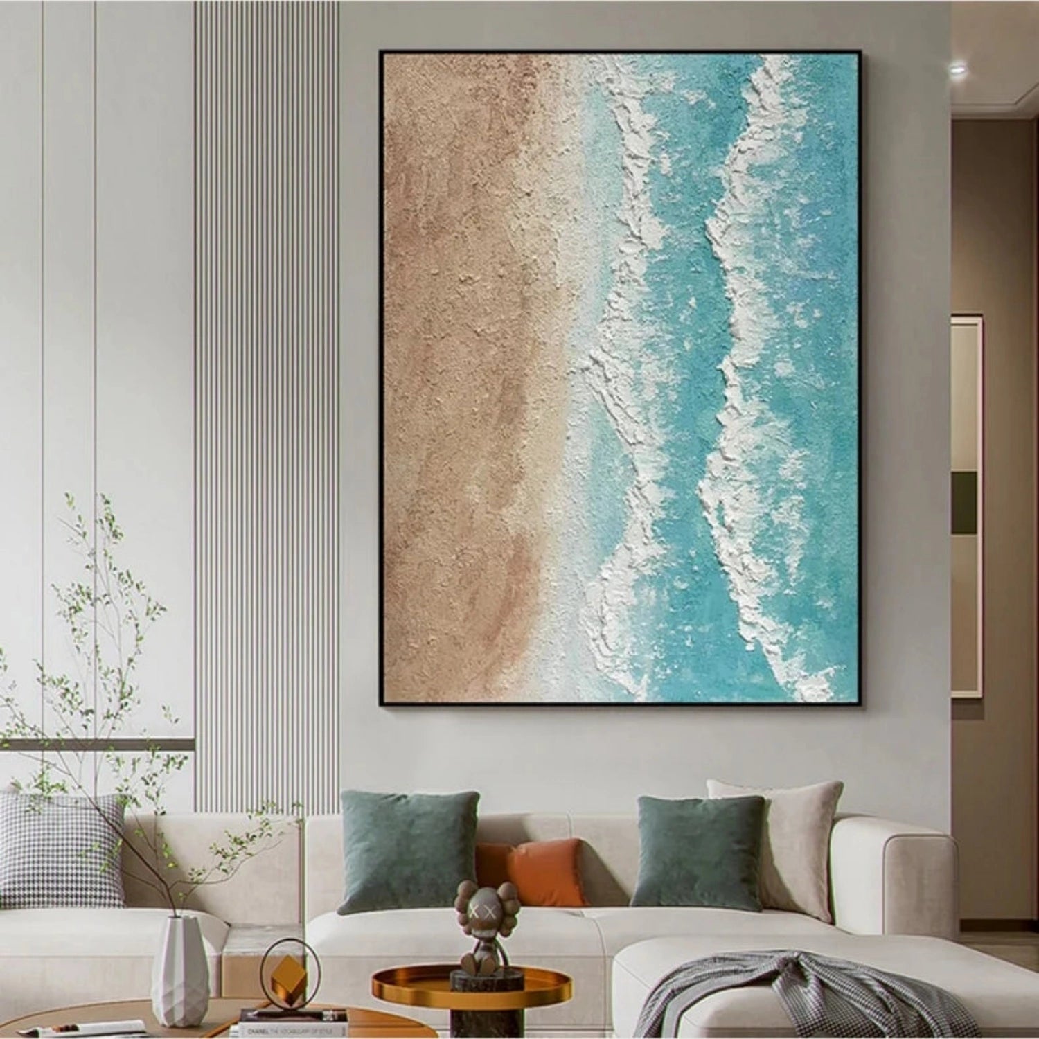 Calm Coastal Sand and Sea Textured Abstract - Beige Blue Minimalist Oil Painting # JJ 141