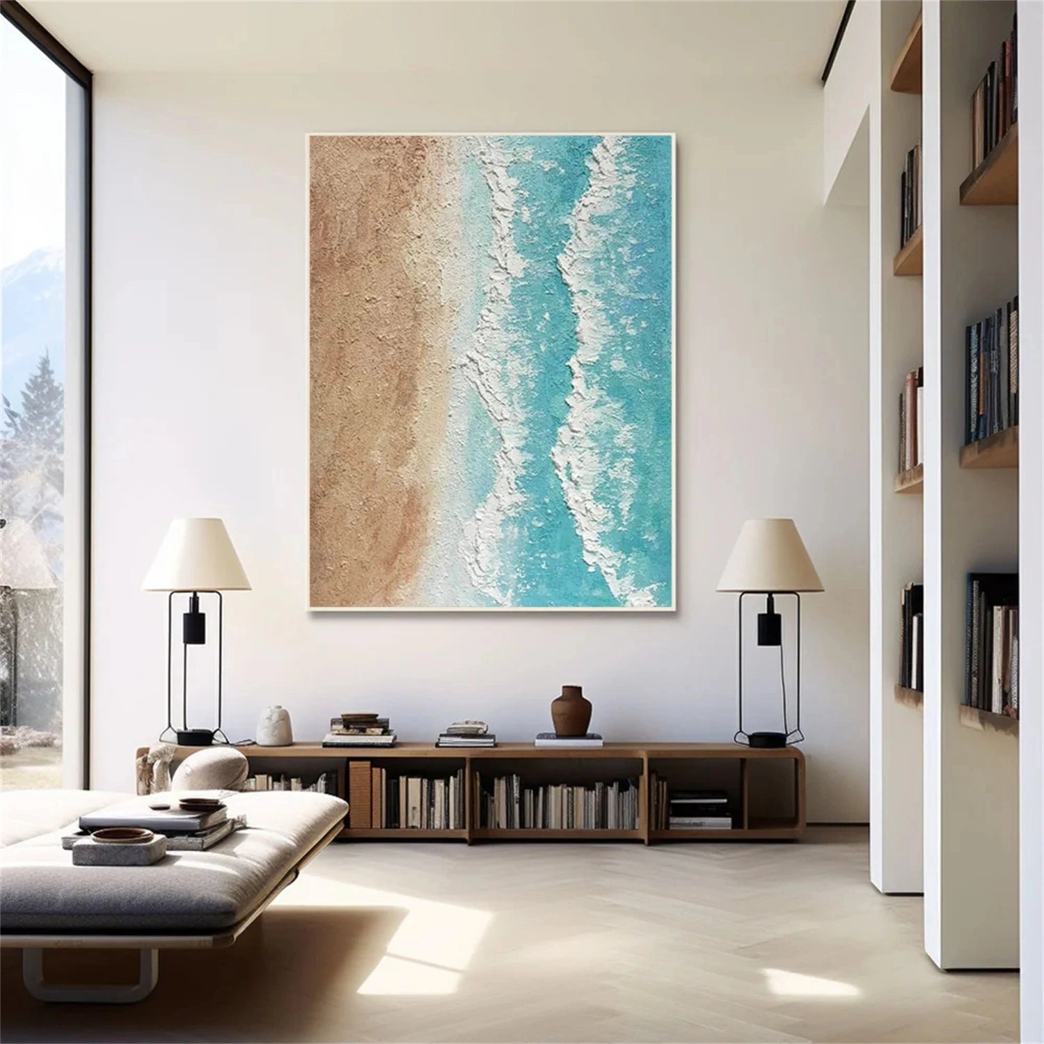 Calm Coastal Sand and Sea Textured Abstract - Beige Blue Minimalist Oil Painting # JJ 141