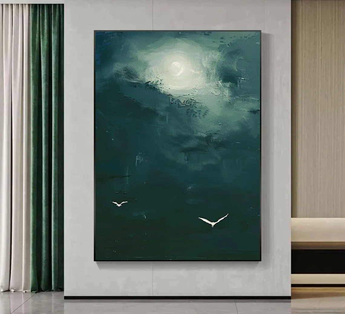 Moon and Birds in Teal Abstract Oil Painting for Home Decor