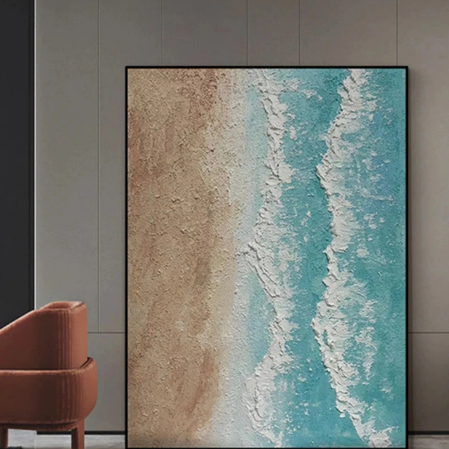 Calm Coastal Sand and Sea Textured Abstract - Beige Blue Minimalist Oil Painting # JJ 141