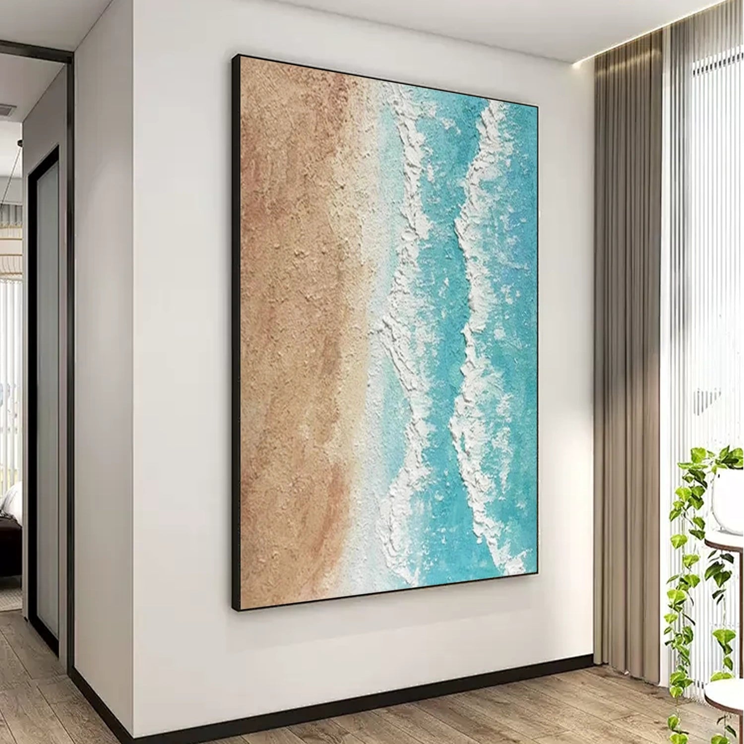 Calm Coastal Sand and Sea Textured Abstract - Beige Blue Minimalist Oil Painting # JJ 141