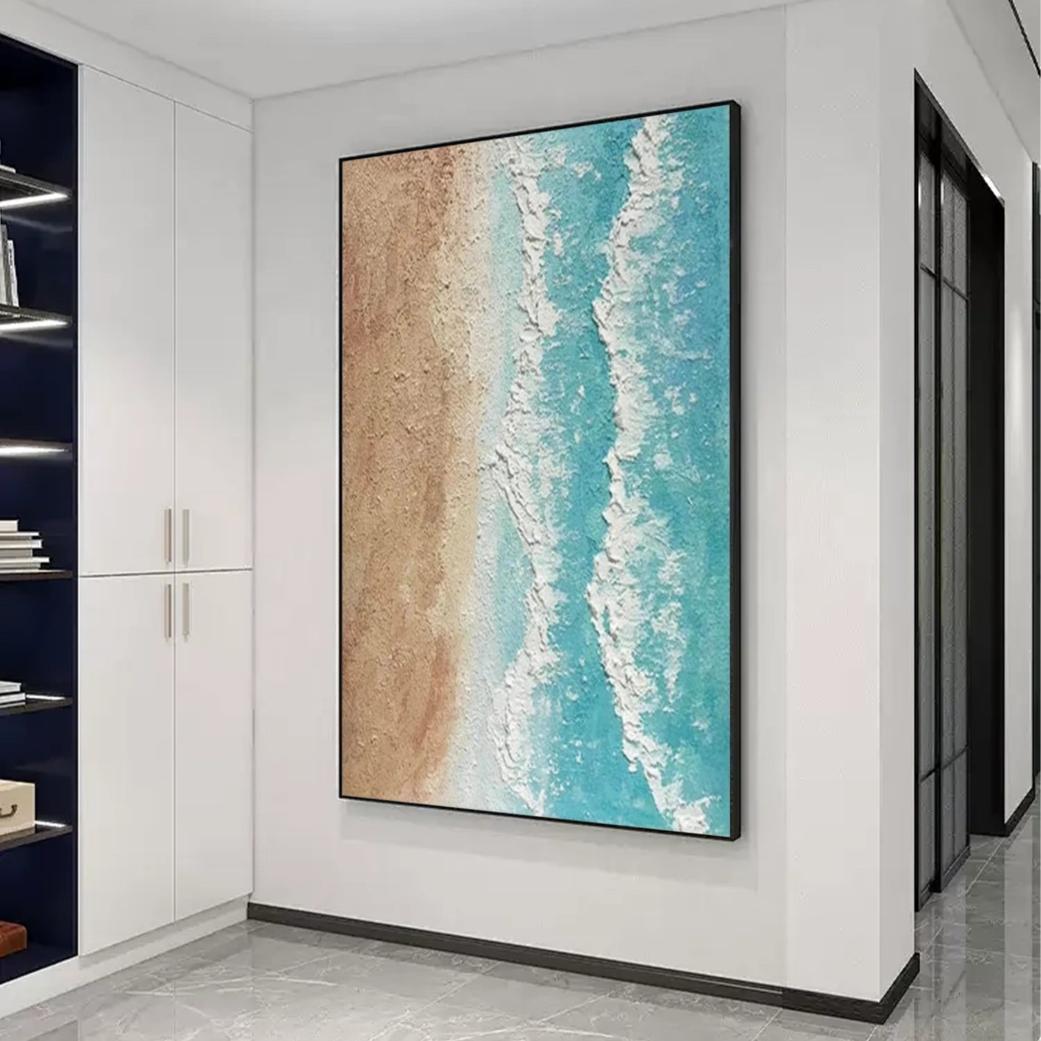 Calm Coastal Sand and Sea Textured Abstract - Beige Blue Minimalist Oil Painting # JJ 141