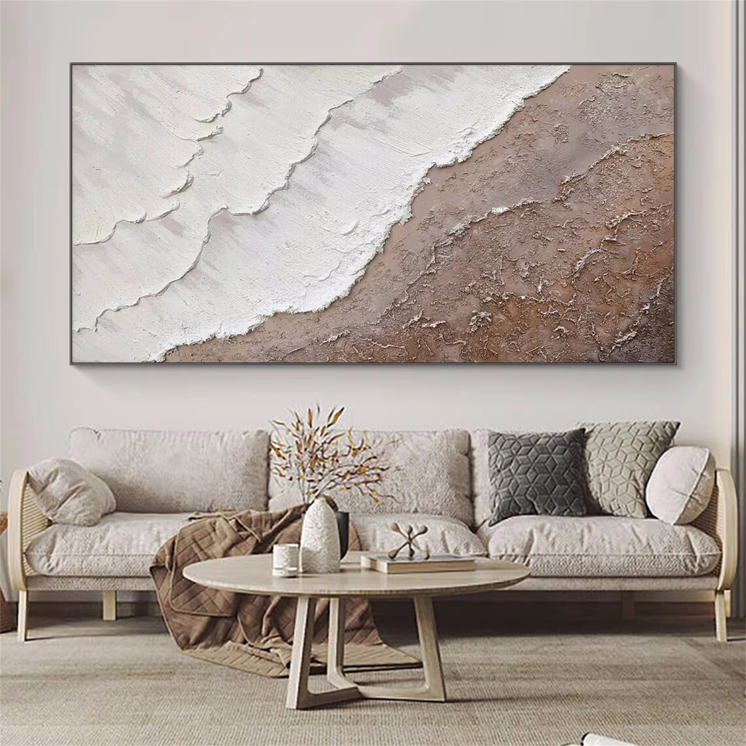 Large Beige White Textured Wave Art - Ocean Painting #JJ 239