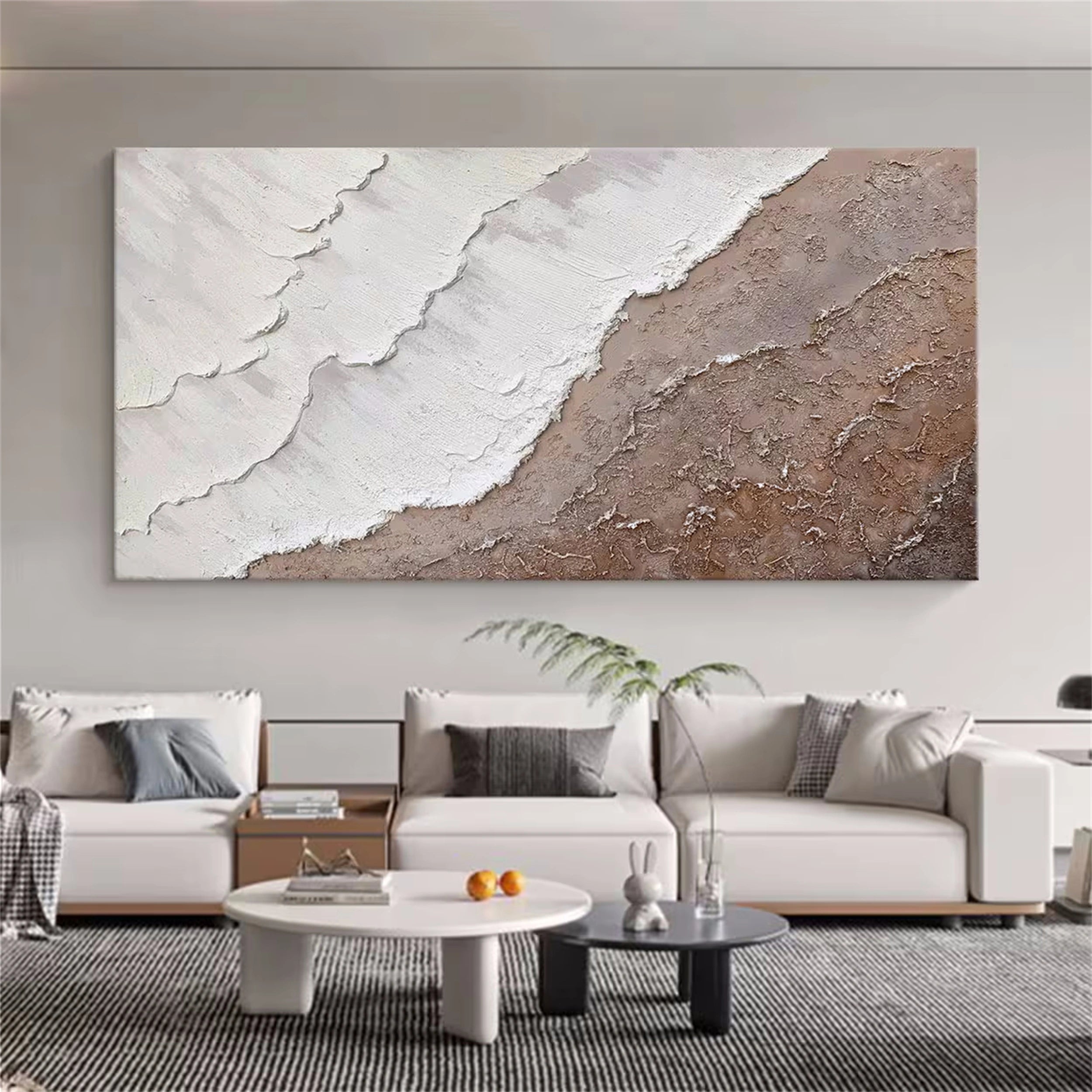 Large Beige White Textured Wave Art - Ocean Painting #JJ 239