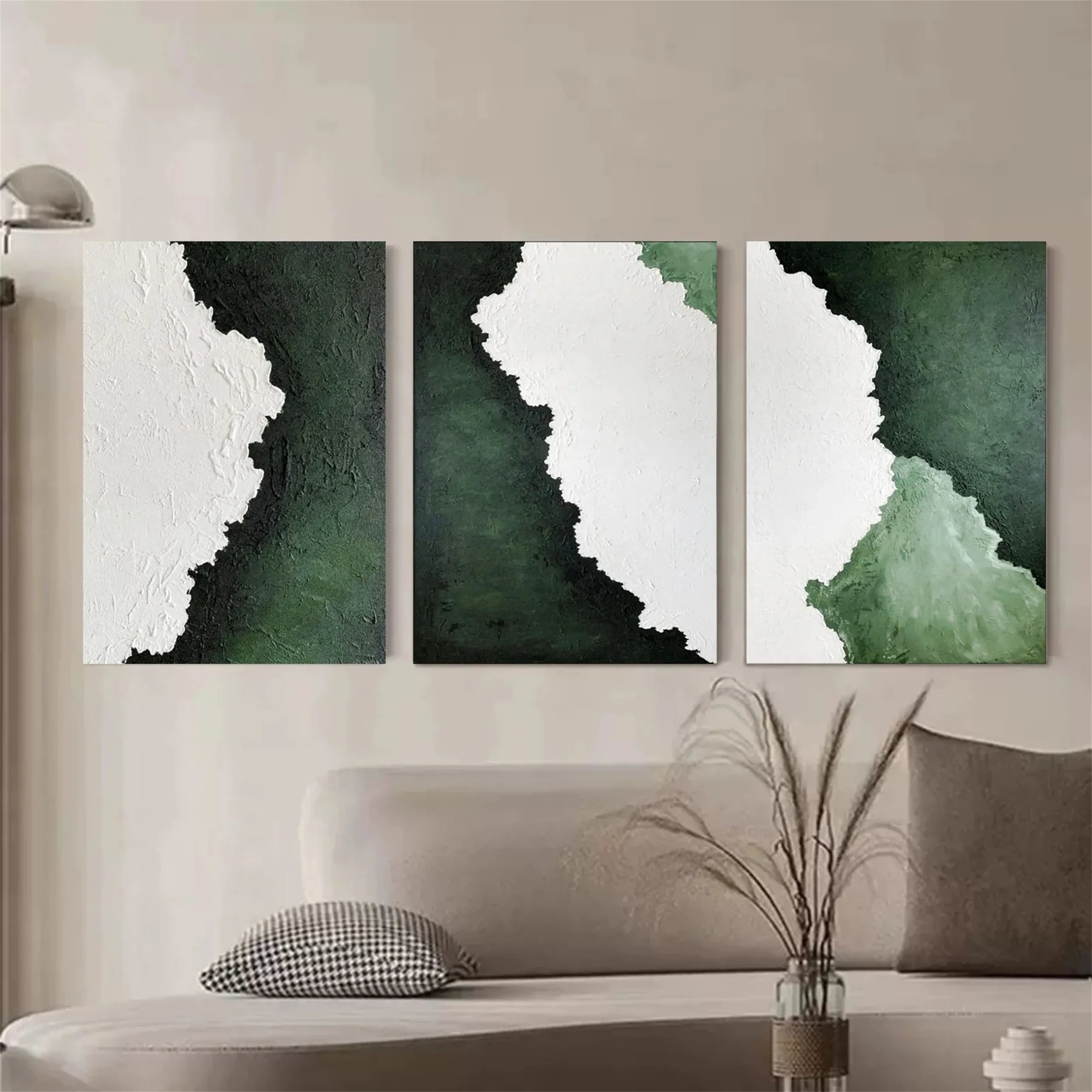 Modern Textured Green & White Wall Art-Abstract Art Set #JJ 213