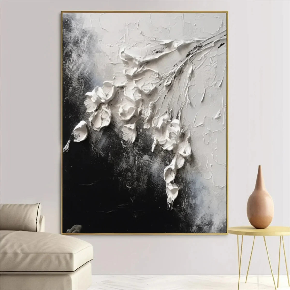 Black and White Floral Wall Art | Large Vertical Textured 3D Painting #ZZ 183