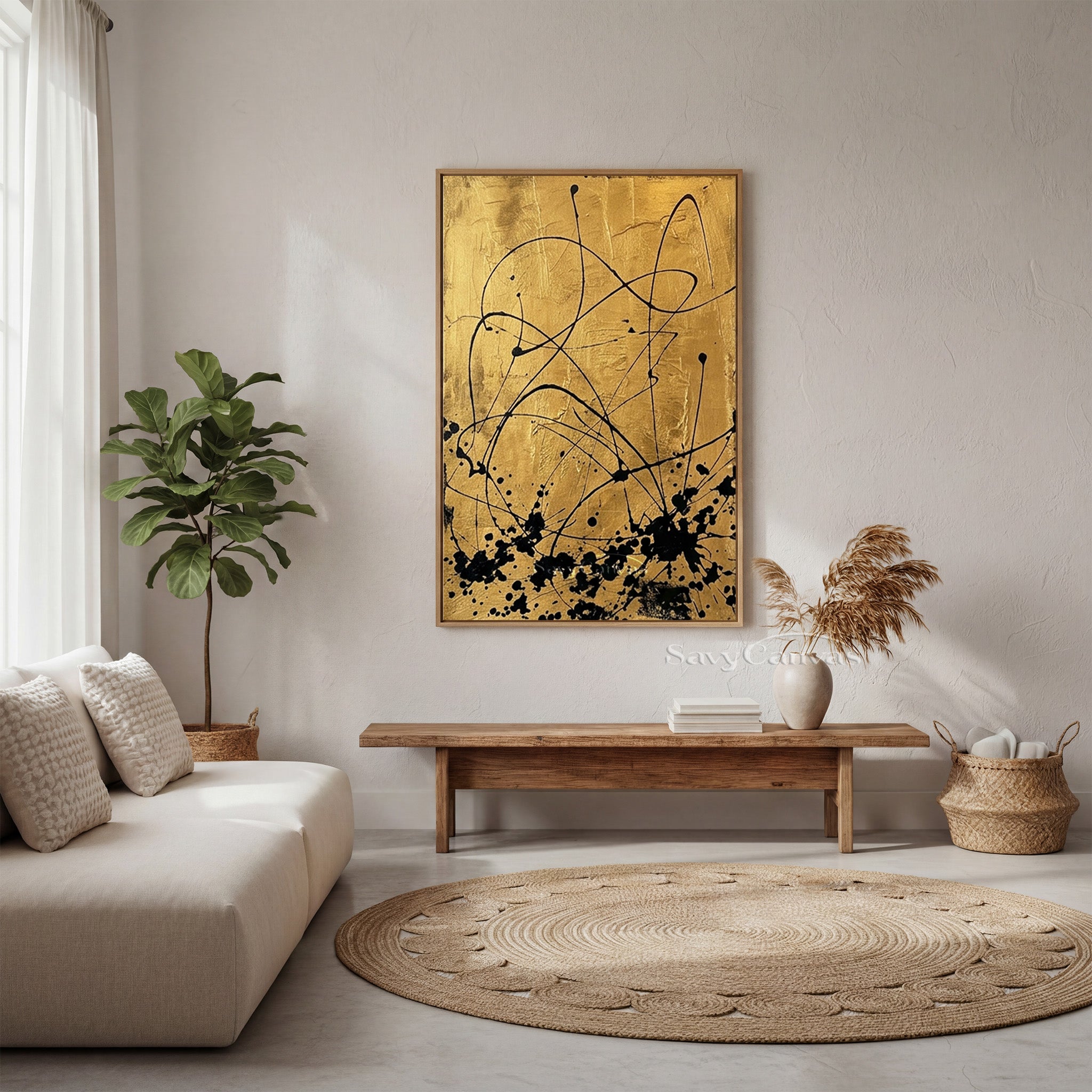 Modern Luxury Gold and Black Abstract Wall Art Canvas Print #AA 522