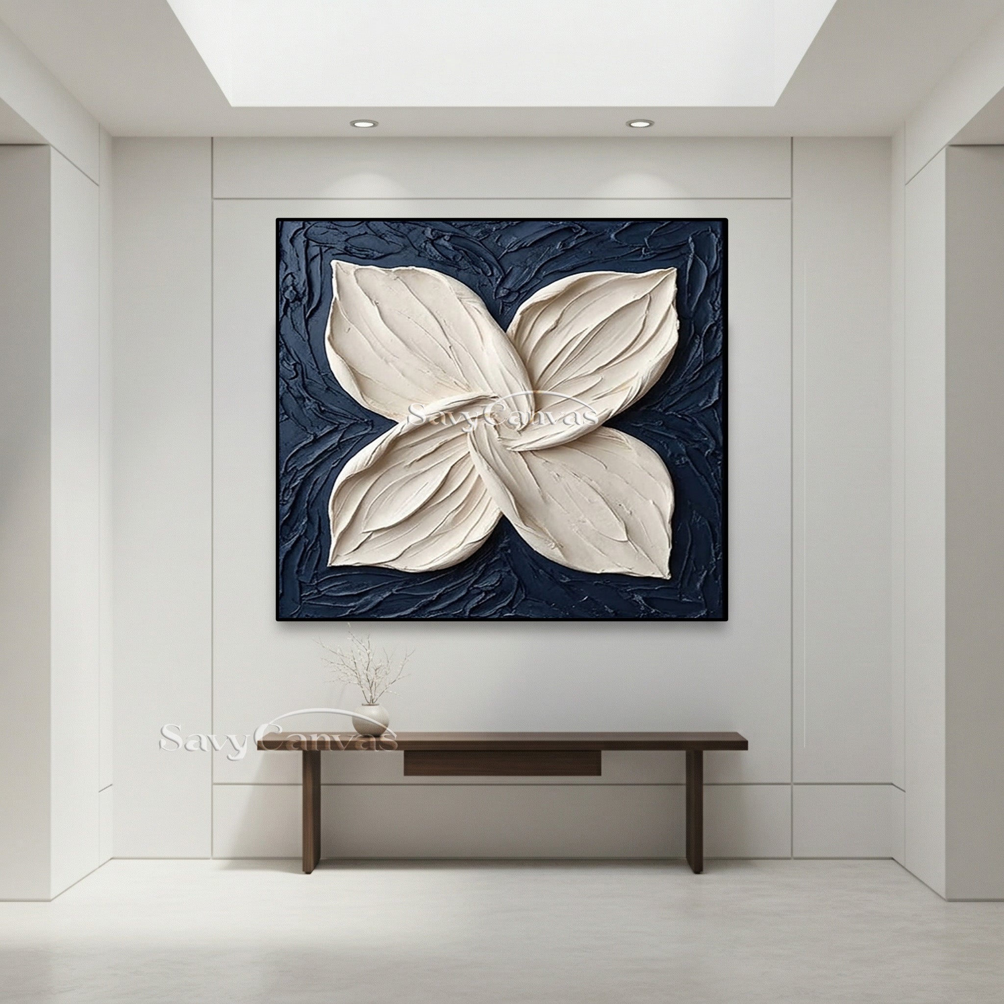 3D White Flower Petal Oil Painting | Navy Blue Textured Wall Art #SS 131