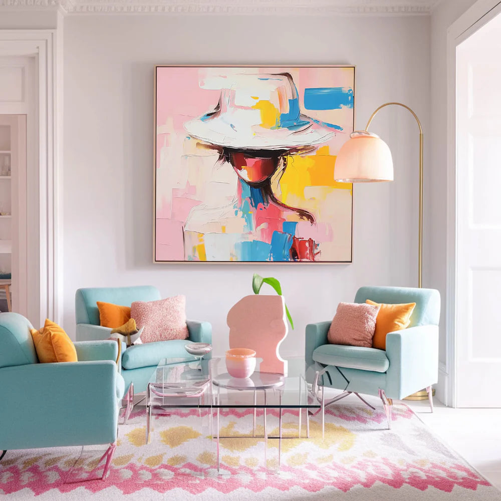 Modern Abstract Woman Oil Painting - Figure Art with Hat #JJ 048