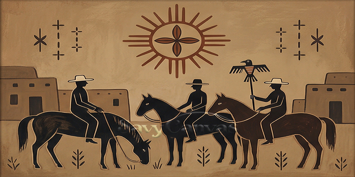 Hand-Painted Tribal Horseback Riders Canvas Art - Desert Sunset Decor