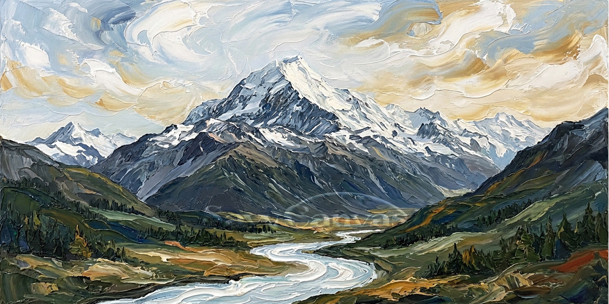 Snow Mountain & Winding River Impasto Oil Painting Wall Art #SS 033