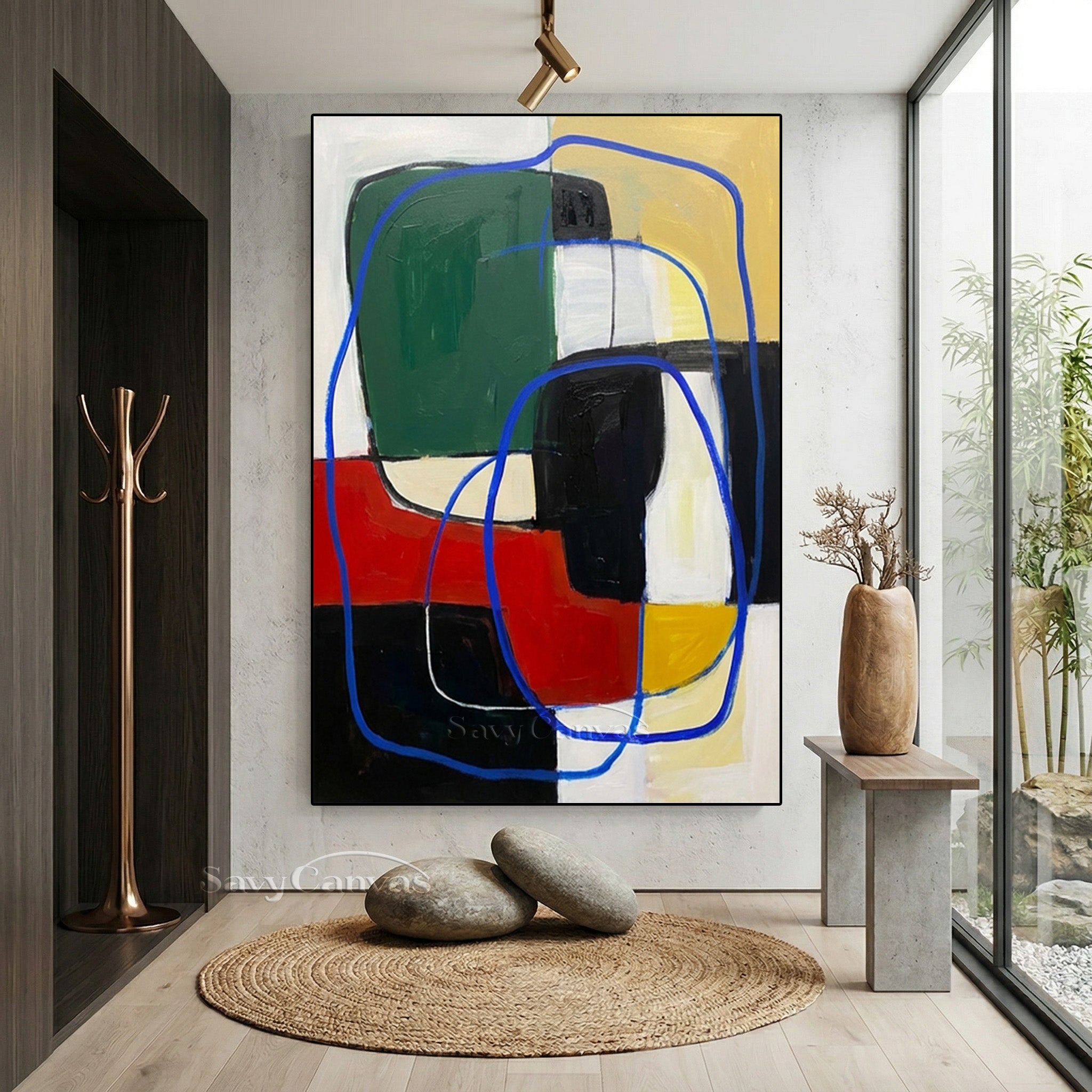 Abstract Color Block Painting | Blue Line Art & Shapes