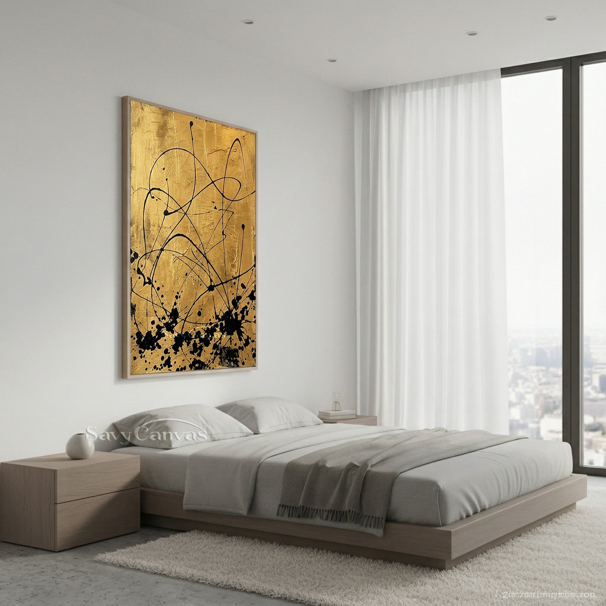 Modern Luxury Gold and Black Abstract Wall Art Canvas Print #AA 522
