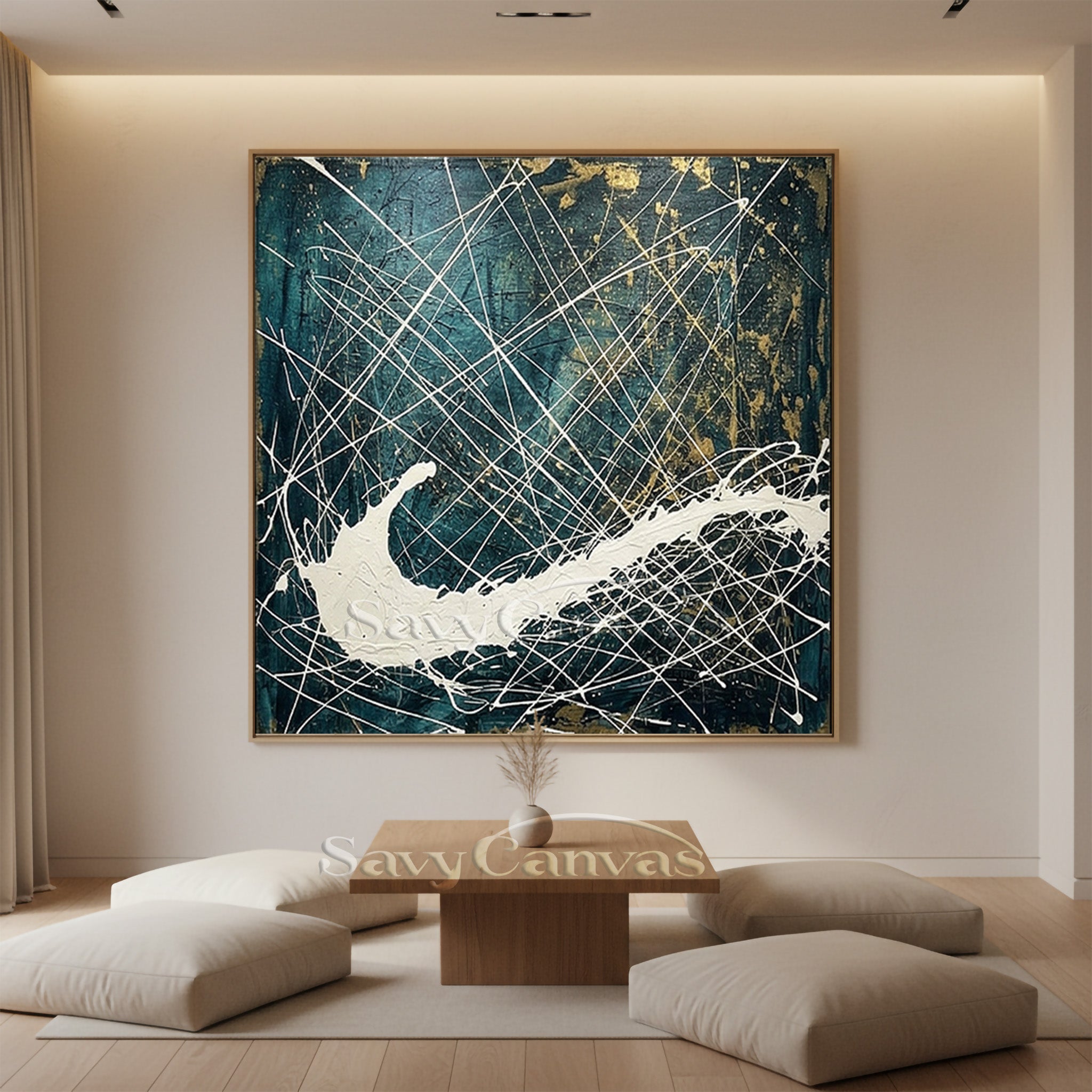 Modern Geometric Grid Art - Teal & White Abstract Canvas Painting