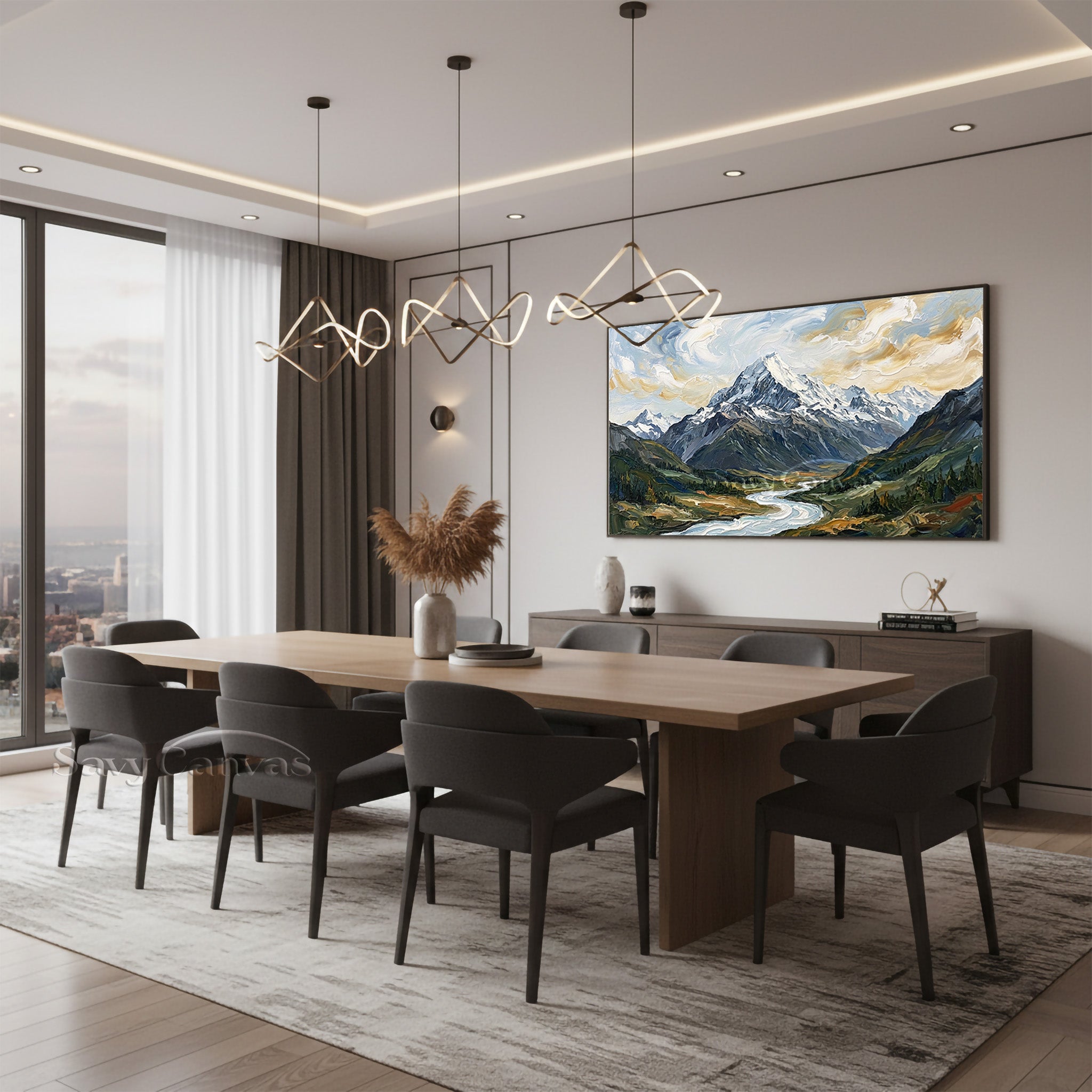 Snow Mountain & Winding River Impasto Oil Painting Wall Art #SS 033