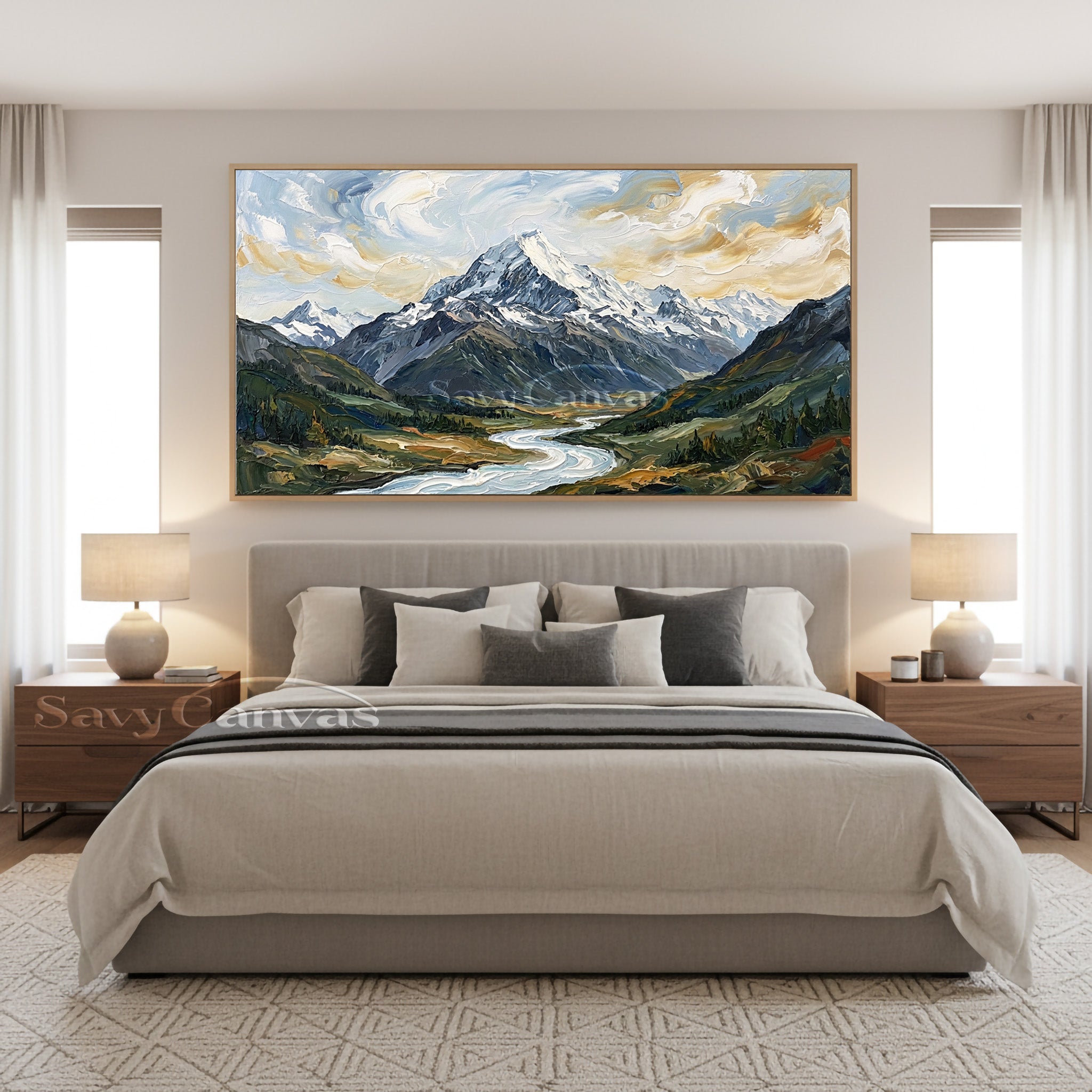 Snow Mountain & Winding River Impasto Oil Painting Wall Art #SS 033