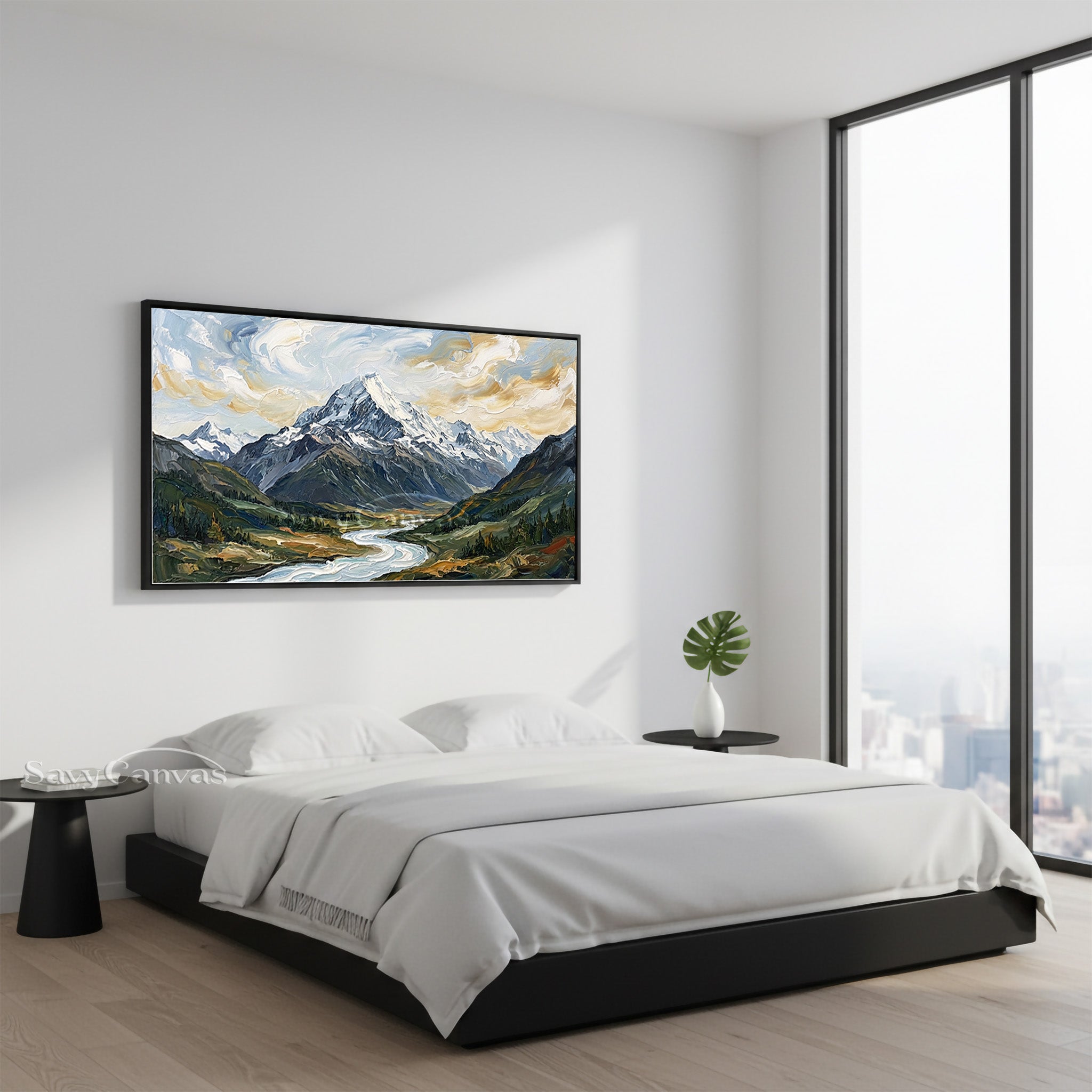 Snow Mountain & Winding River Impasto Oil Painting Wall Art #SS 033