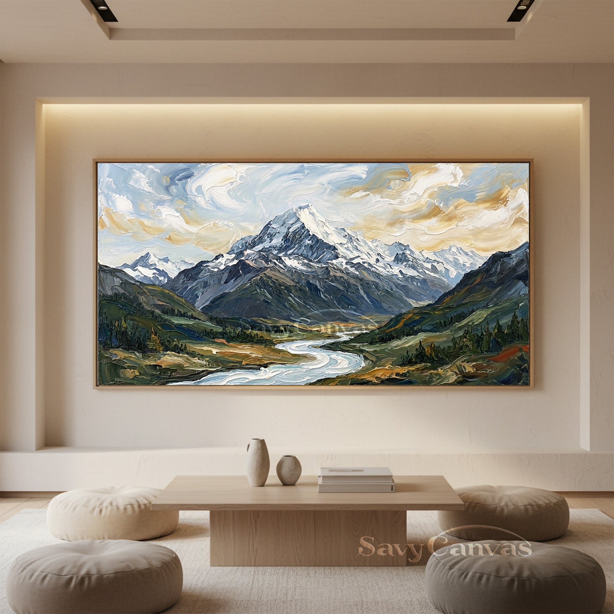 Snow Mountain & Winding River Impasto Oil Painting Wall Art #SS 033