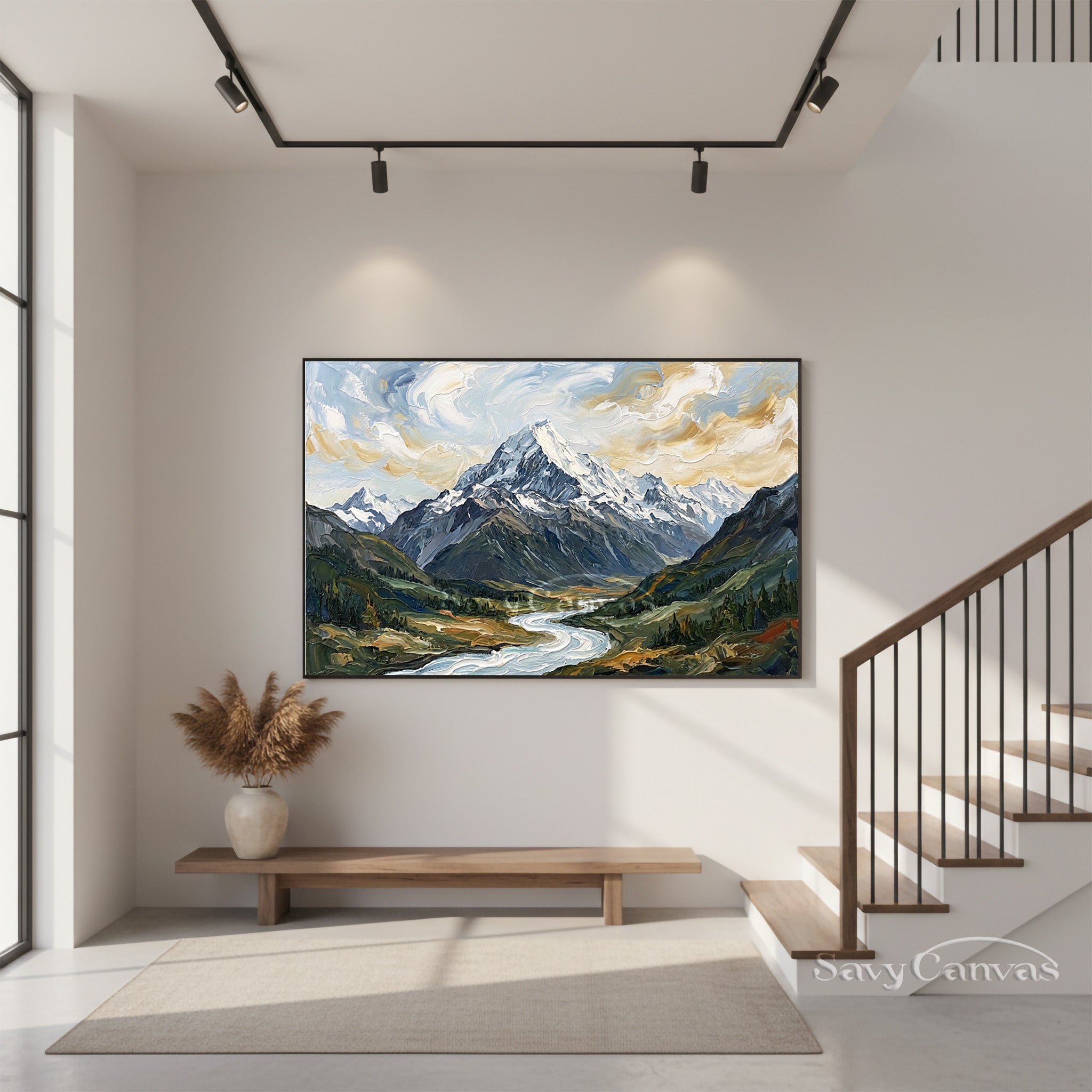 Snow Mountain & Winding River Impasto Oil Painting Wall Art #SS 033
