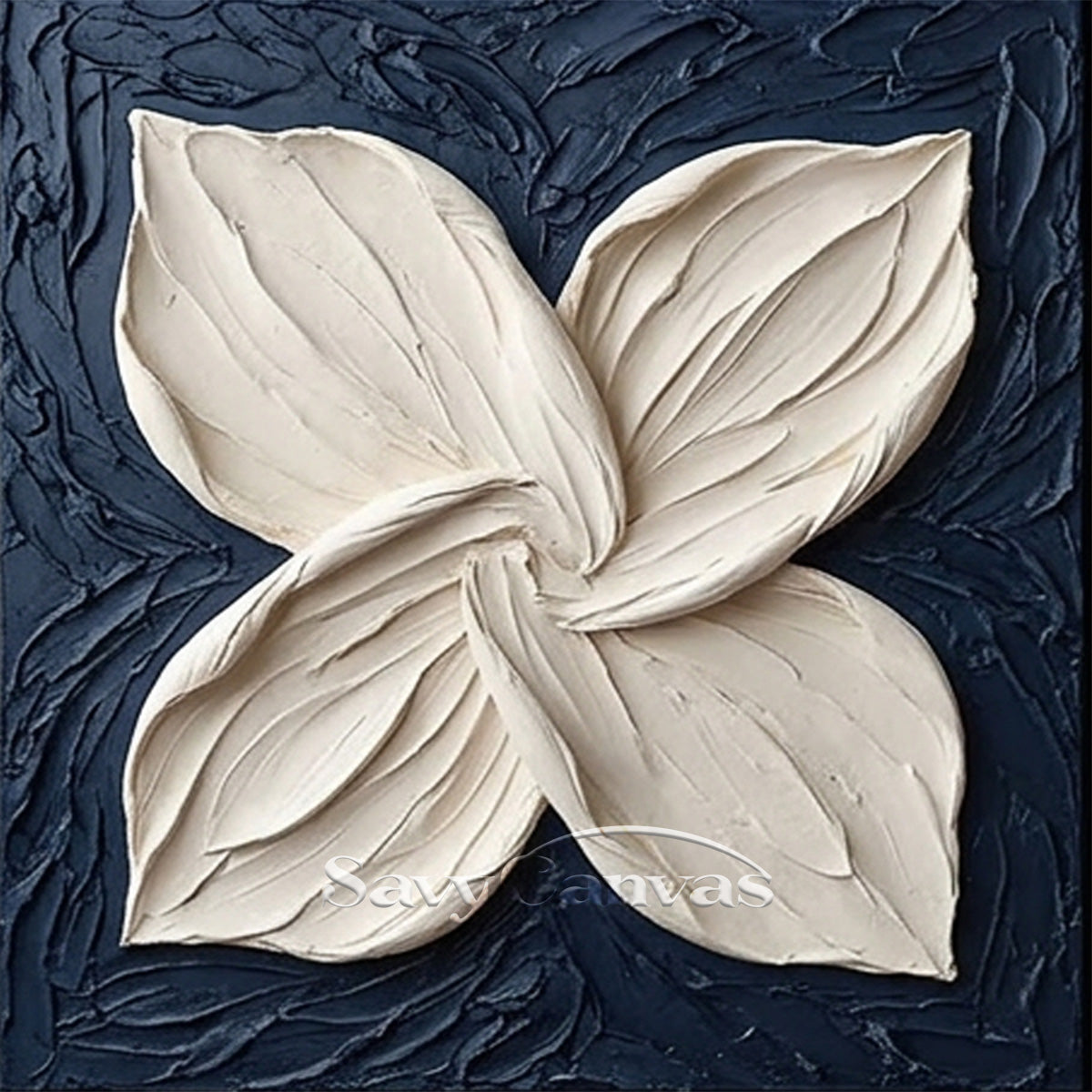 3D White Flower Petal Oil Painting | Navy Blue Textured Wall Art #SS 131