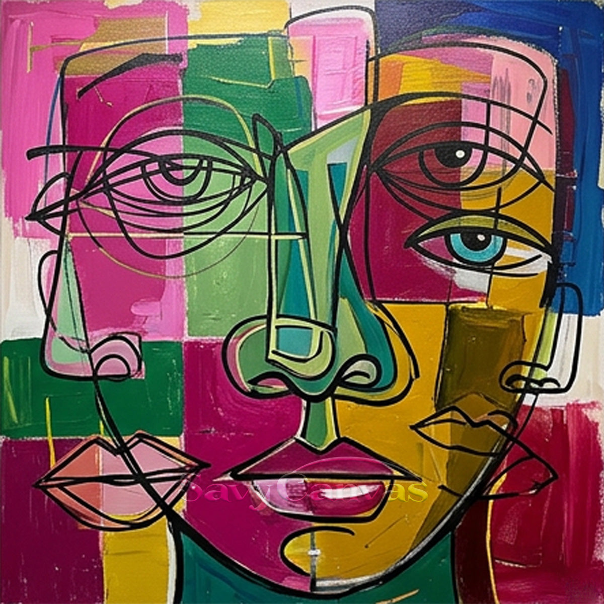Abstract Picasso-Inspired Face Painting for Living Room Wall