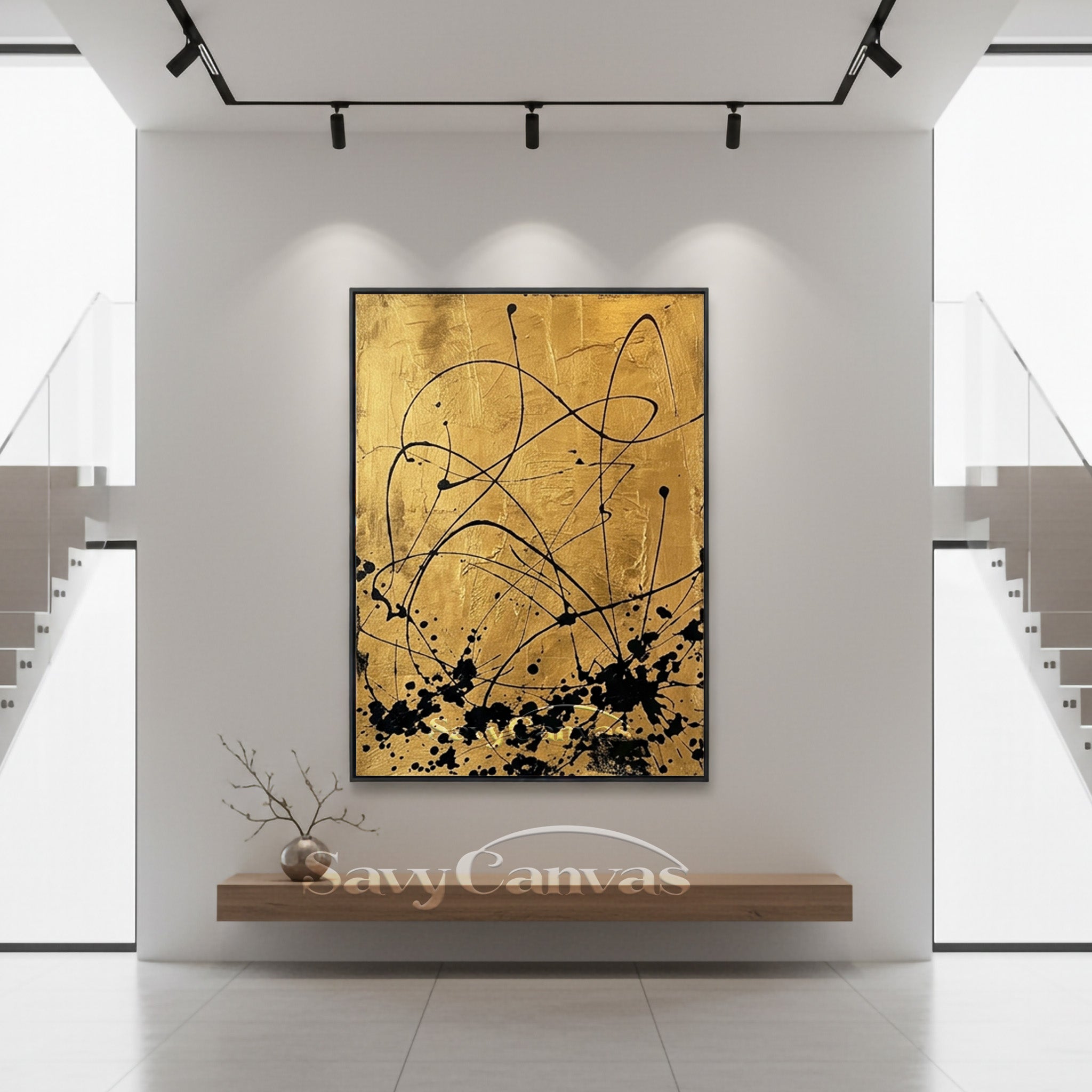 Modern Luxury Gold and Black Abstract Wall Art Canvas Print #AA 522