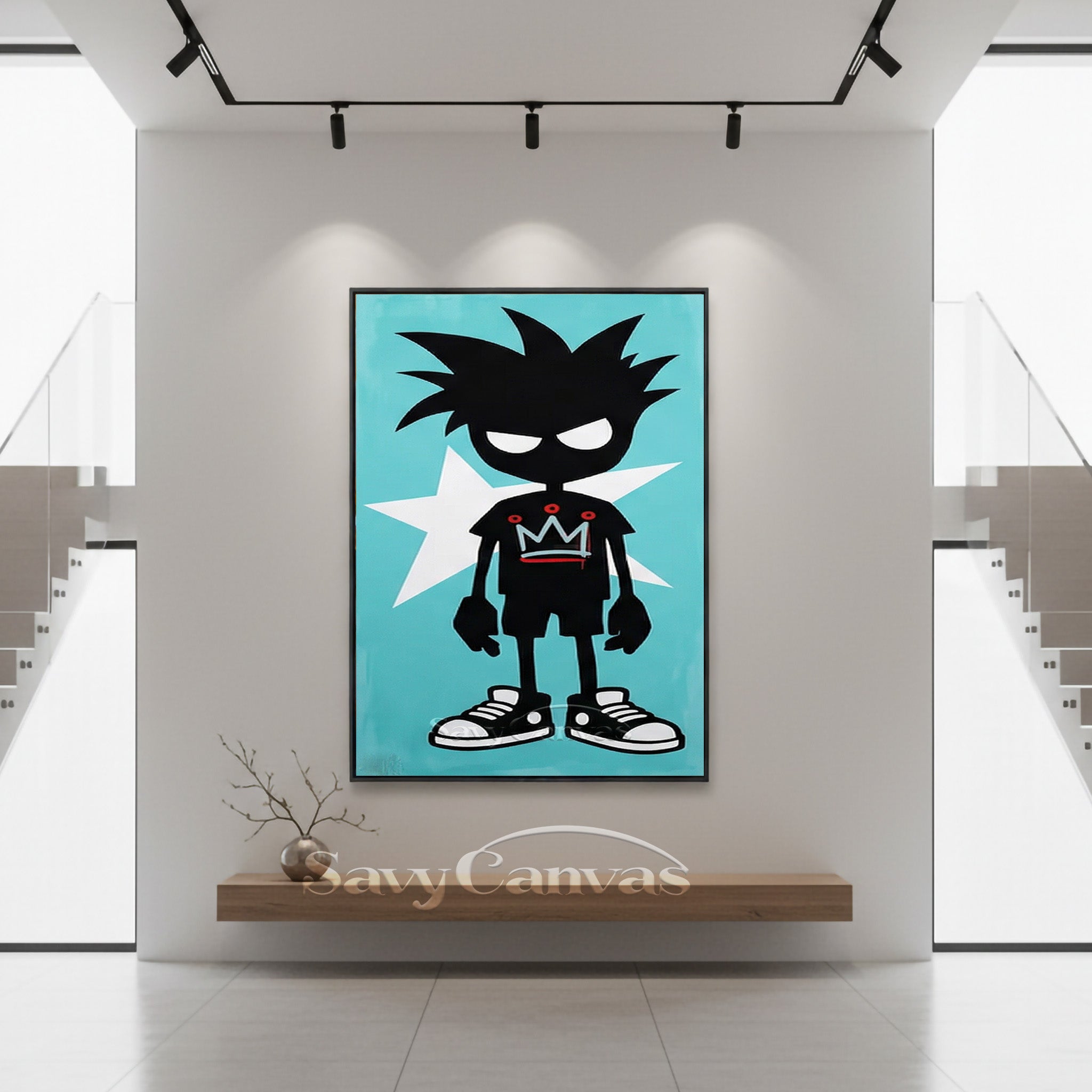 Urban Street Art Boy with Crown | Teal Graffiti Canvas Painting #SS 095