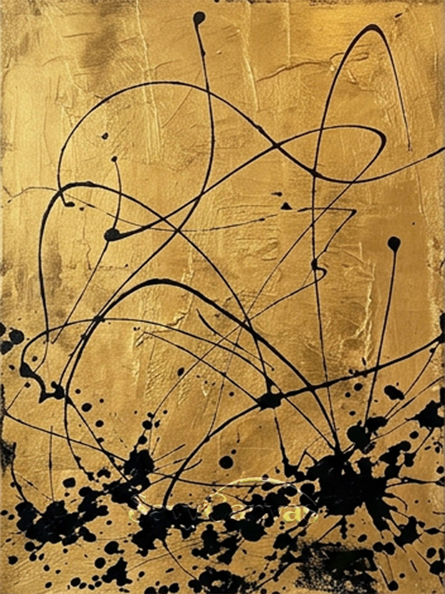 Modern Luxury Gold and Black Abstract Wall Art Canvas Print #AA 522