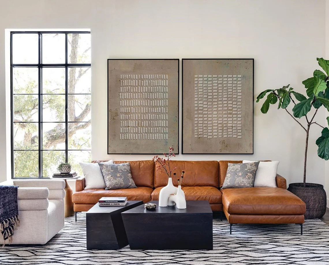 Unique Textured Grid Abstract Oil Painting Diptych - Neutral