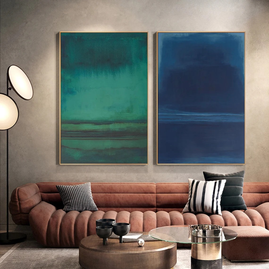Blue & Green Diptych Abstract Oil Painting | Modern Minimalist Large Wall Art | #TC 023